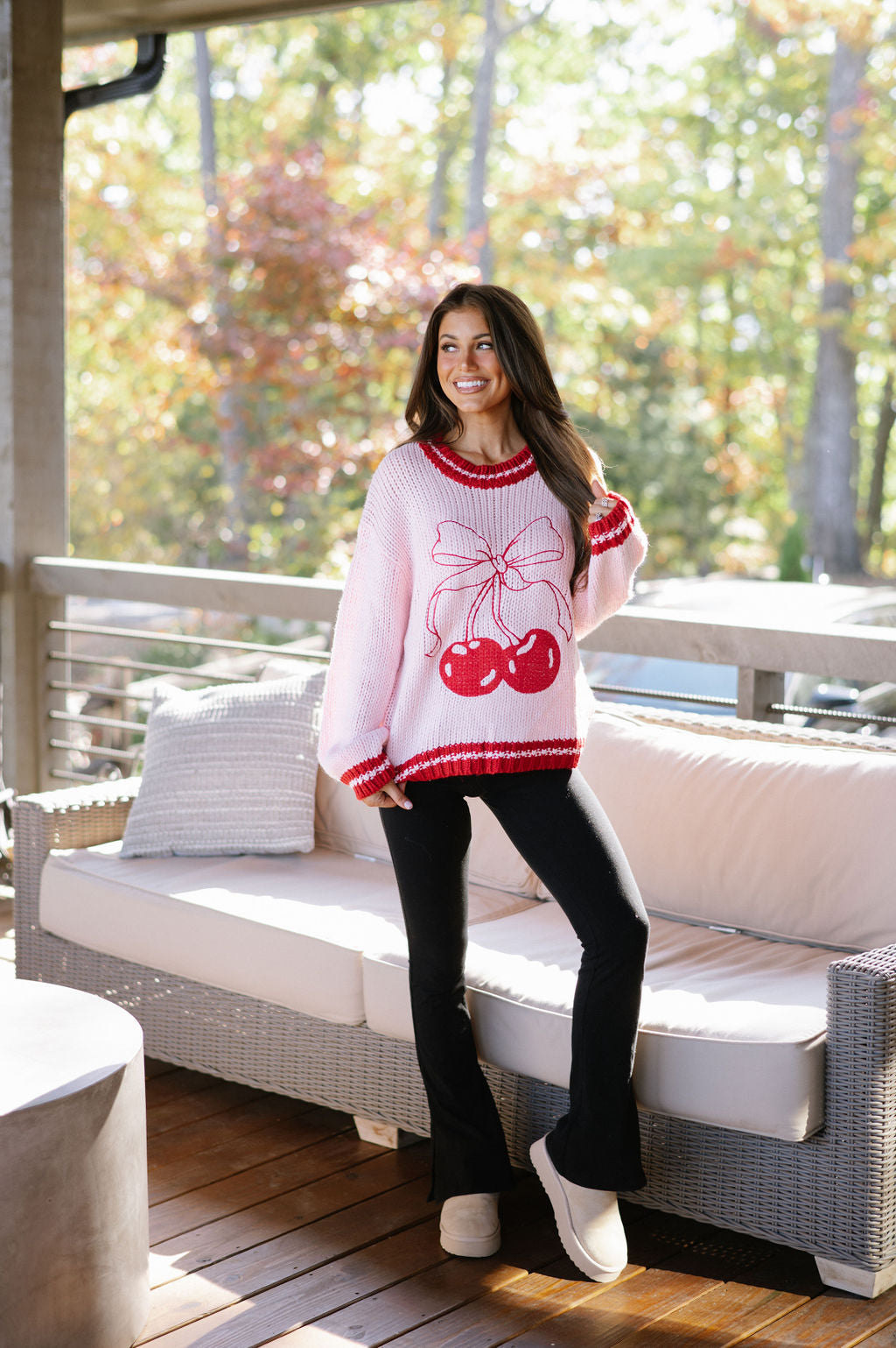 Cherry Ribbon Knit Sweater-Light Pink