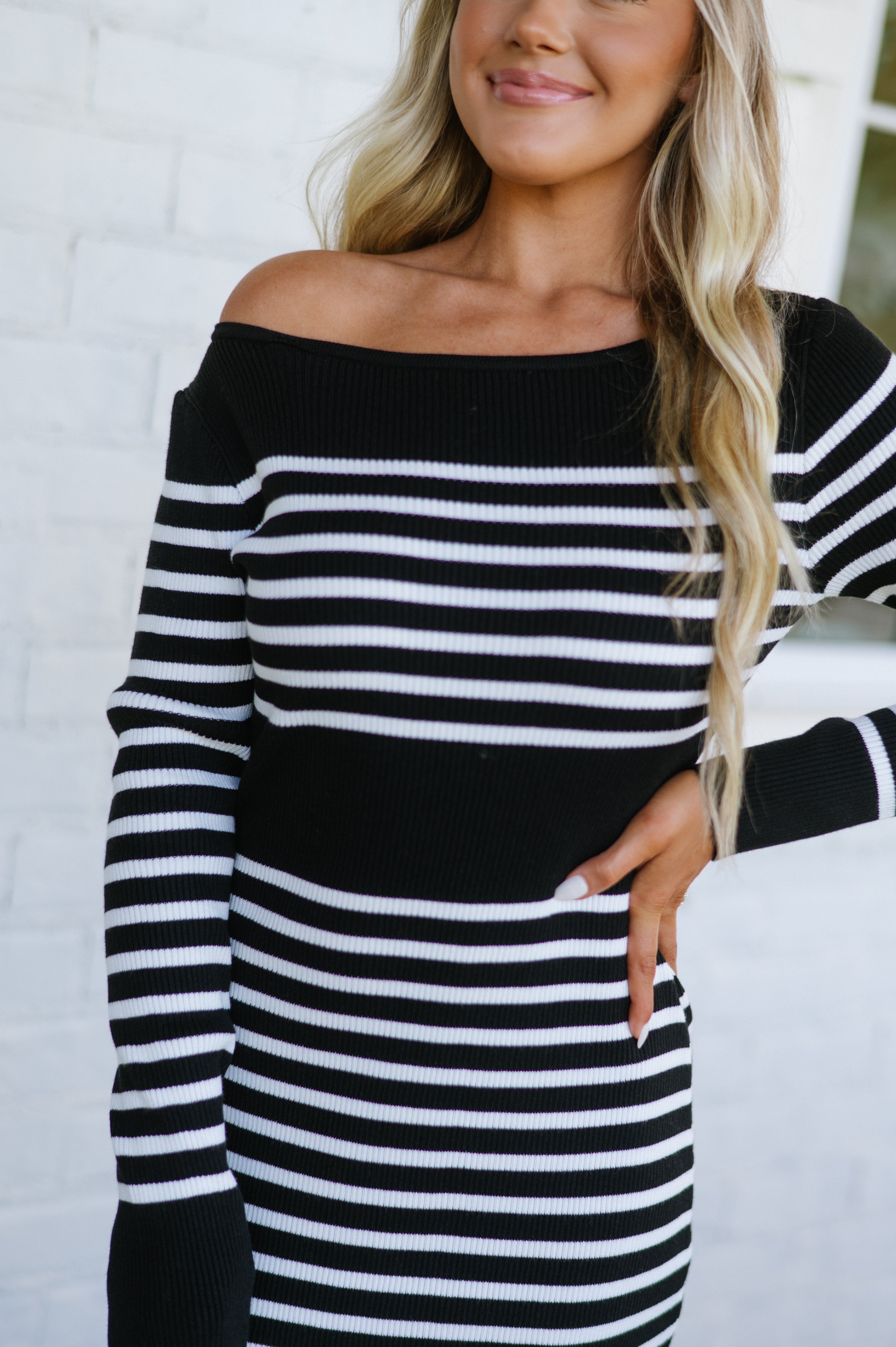 Stripe Boat Neck Sweater Dress-Black/Off White