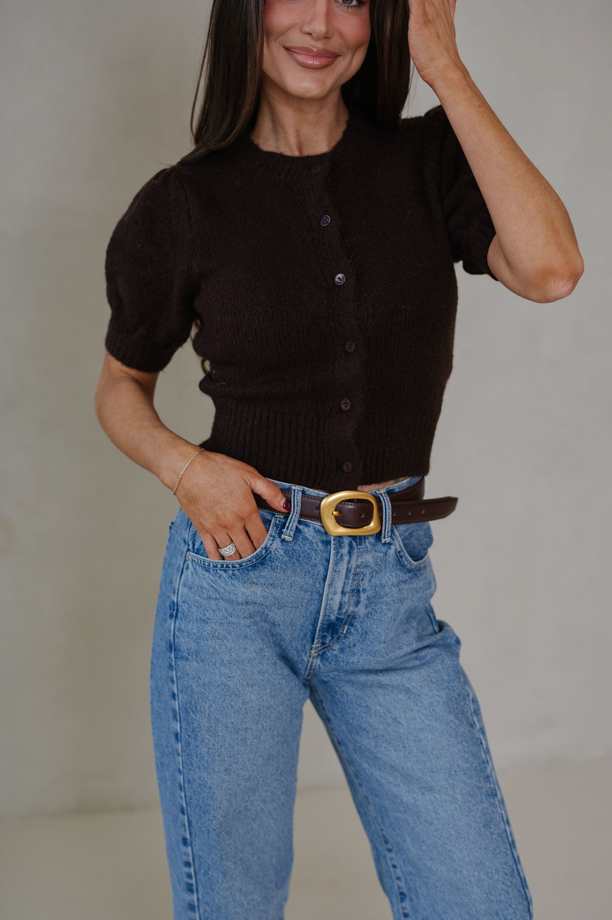 June Knit Cardigan Top-Dark Brown