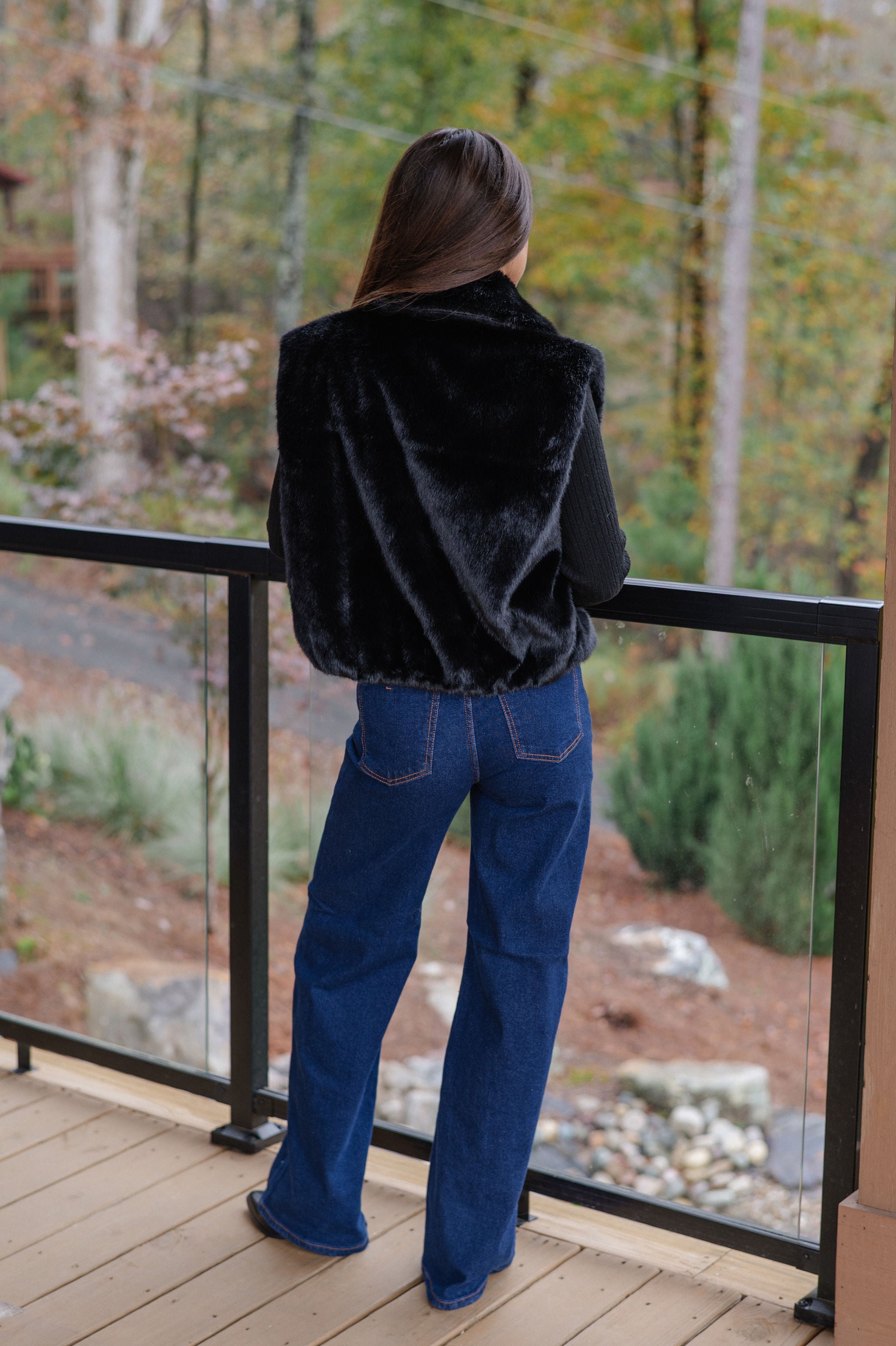 Ellie Faux Fur Collared Vest-Black