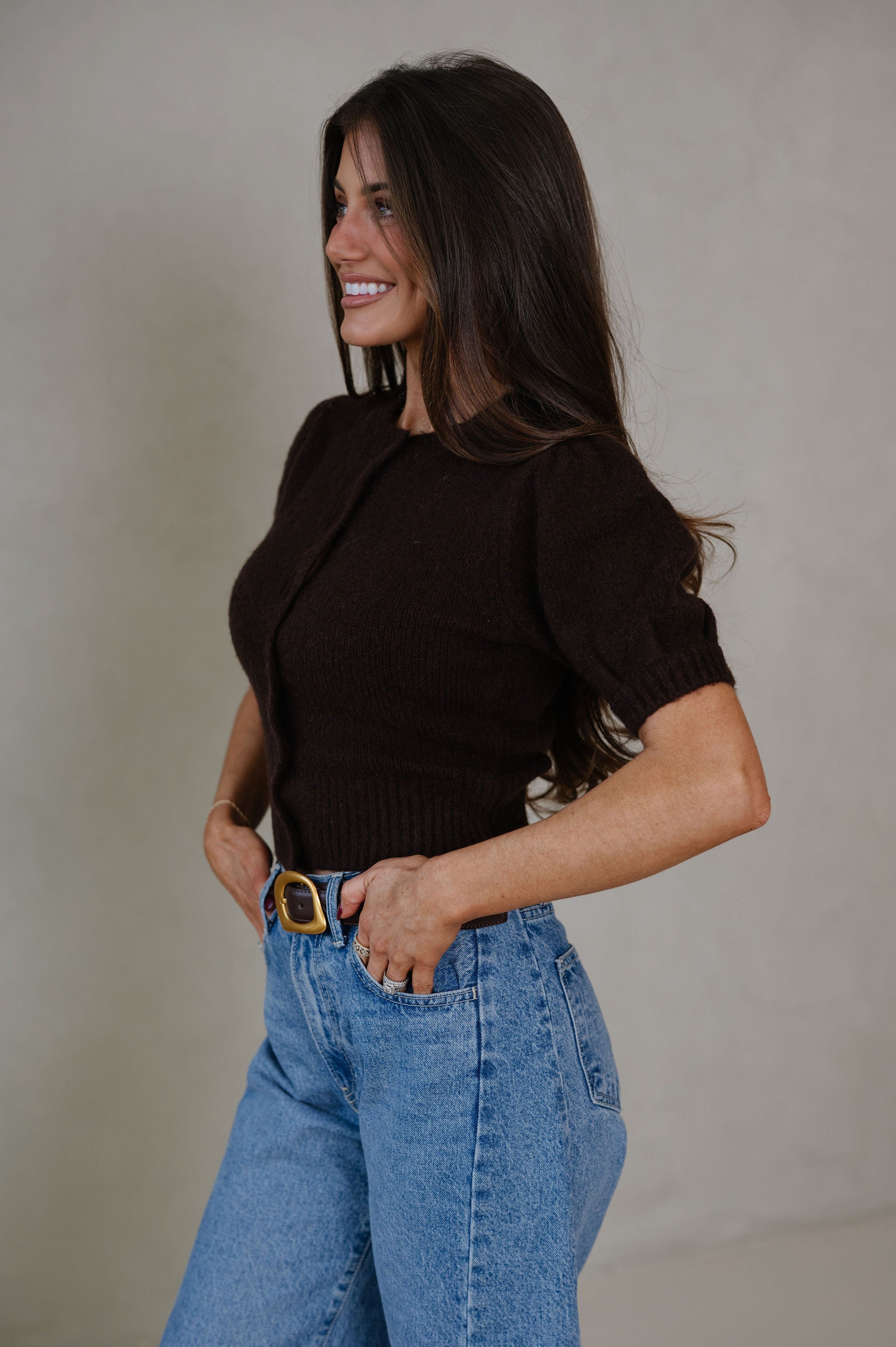 June Knit Cardigan Top-Dark Brown