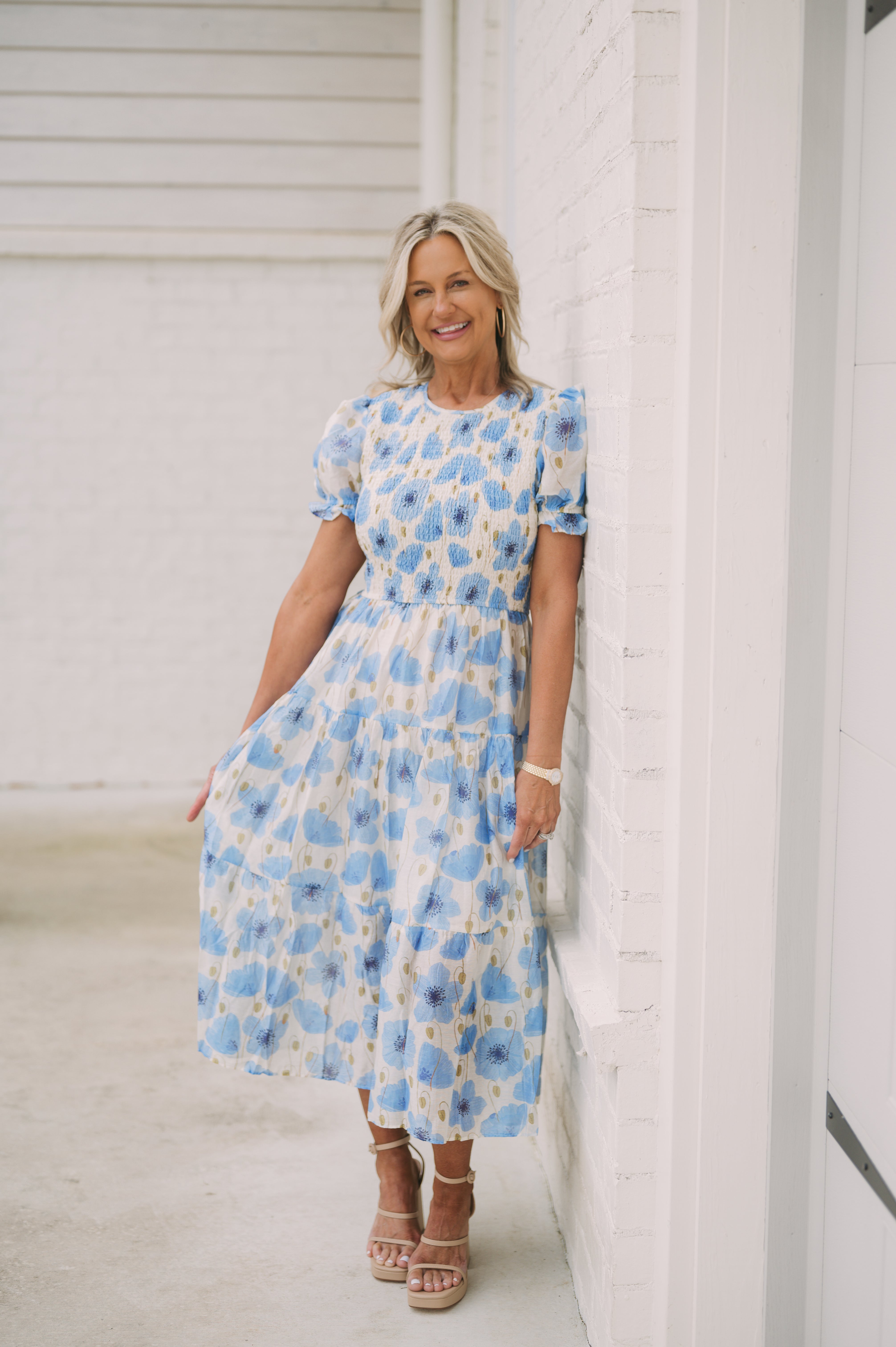 Monroe Floral Smocked Midi Dress- Blue Multi