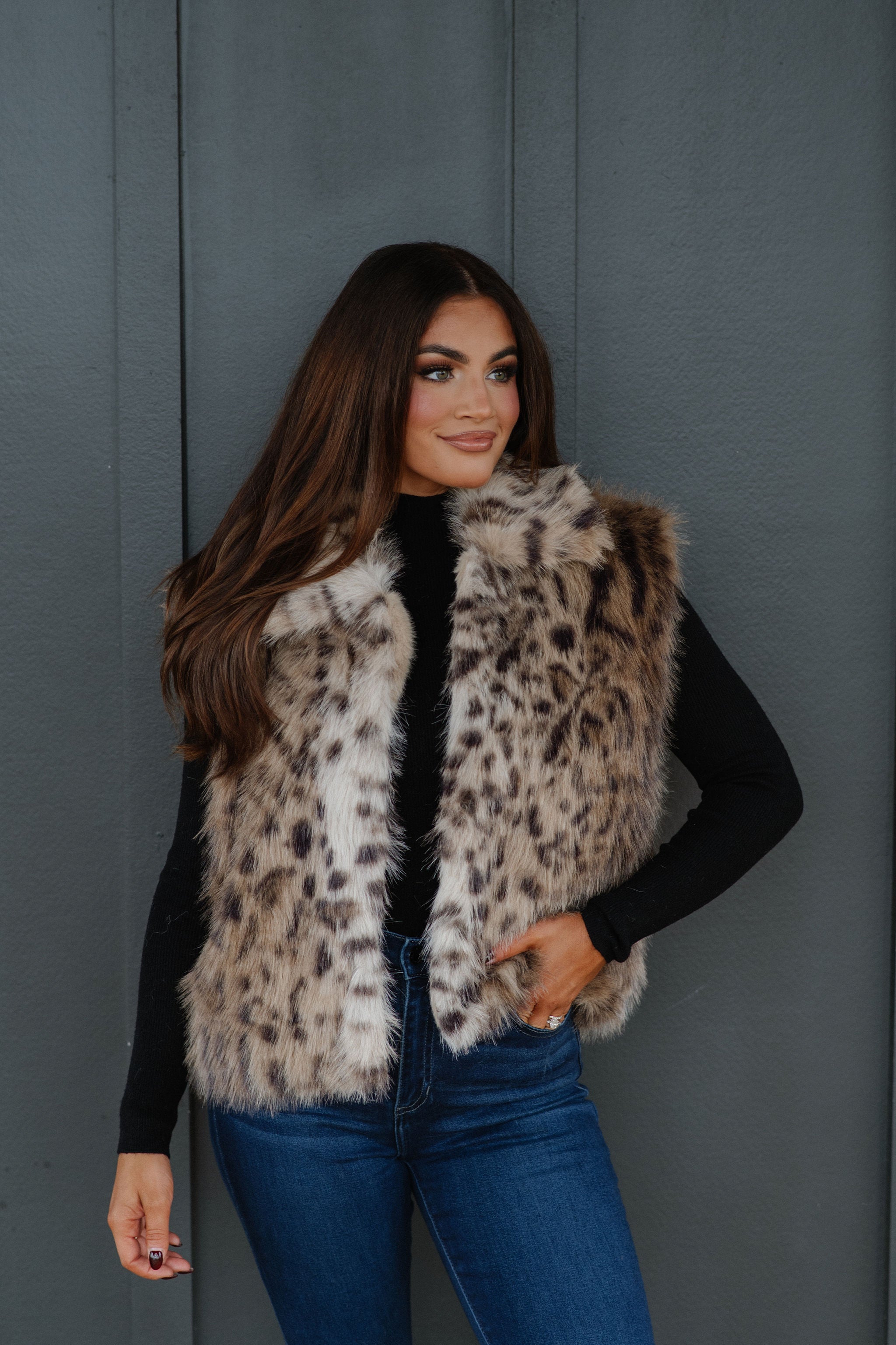 Clements Faux Fur Vest-Taupe/Brown