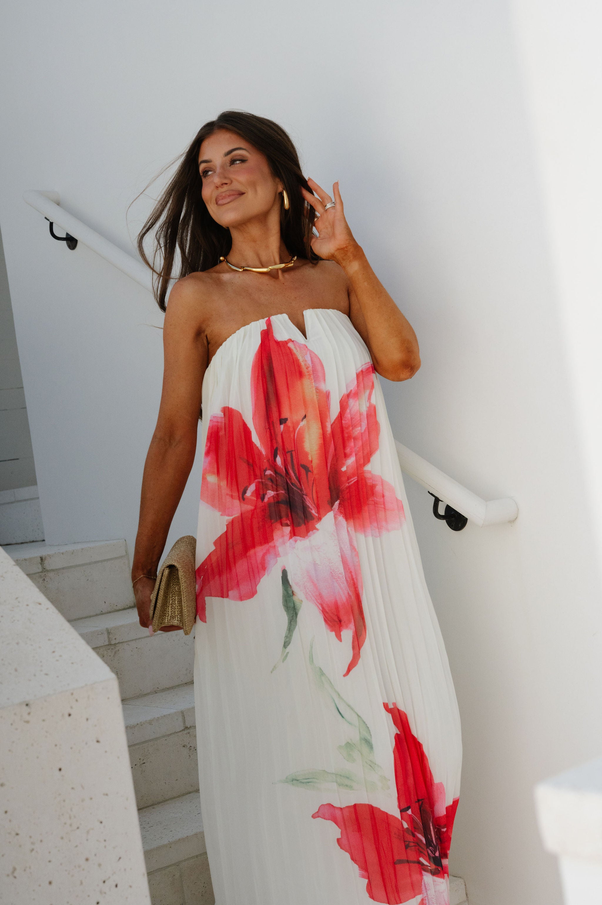 Floral Pleated Strapless Maxi Dress-Cream