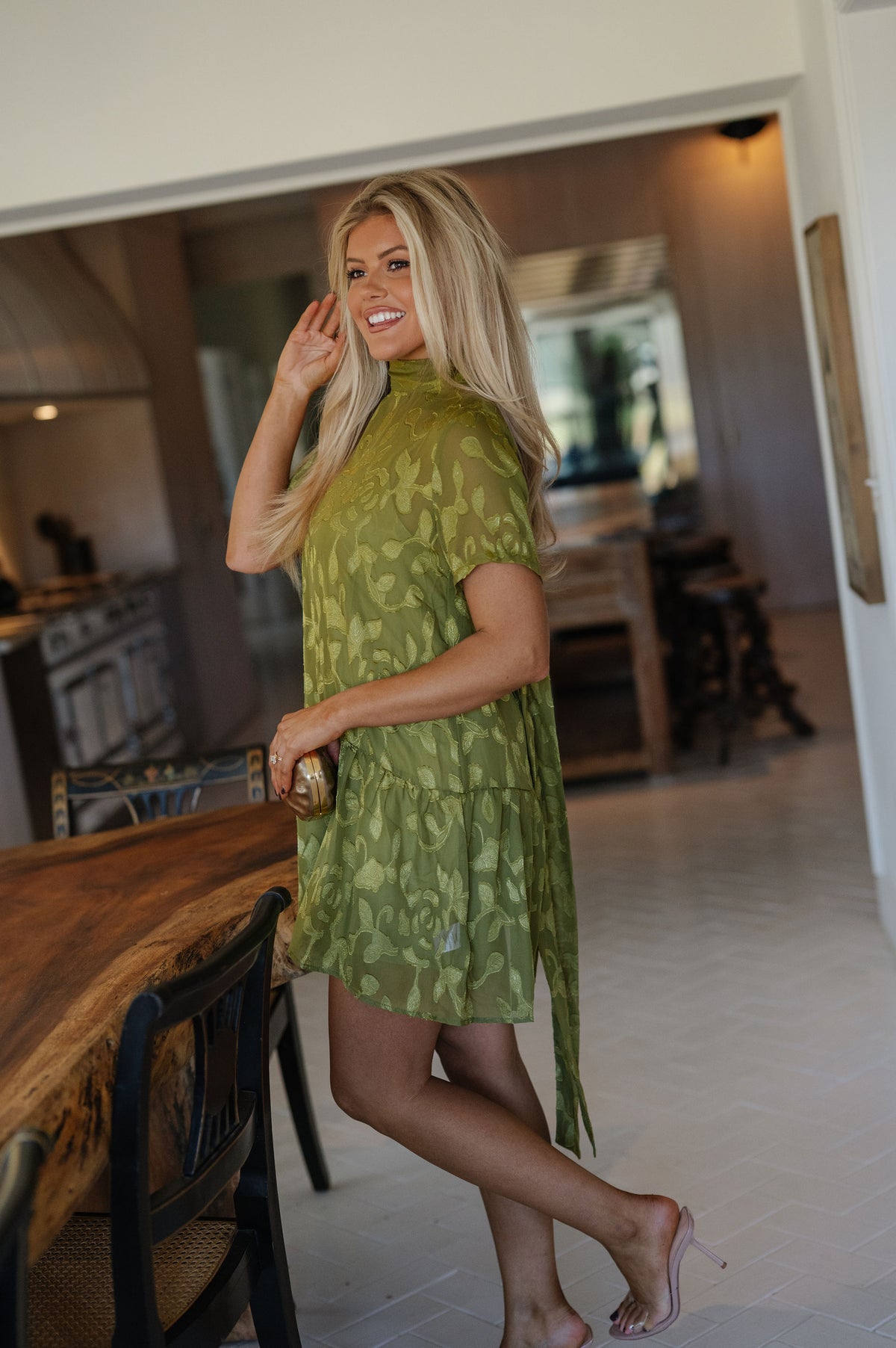 Floral Jacquard Mini Dress-Olive