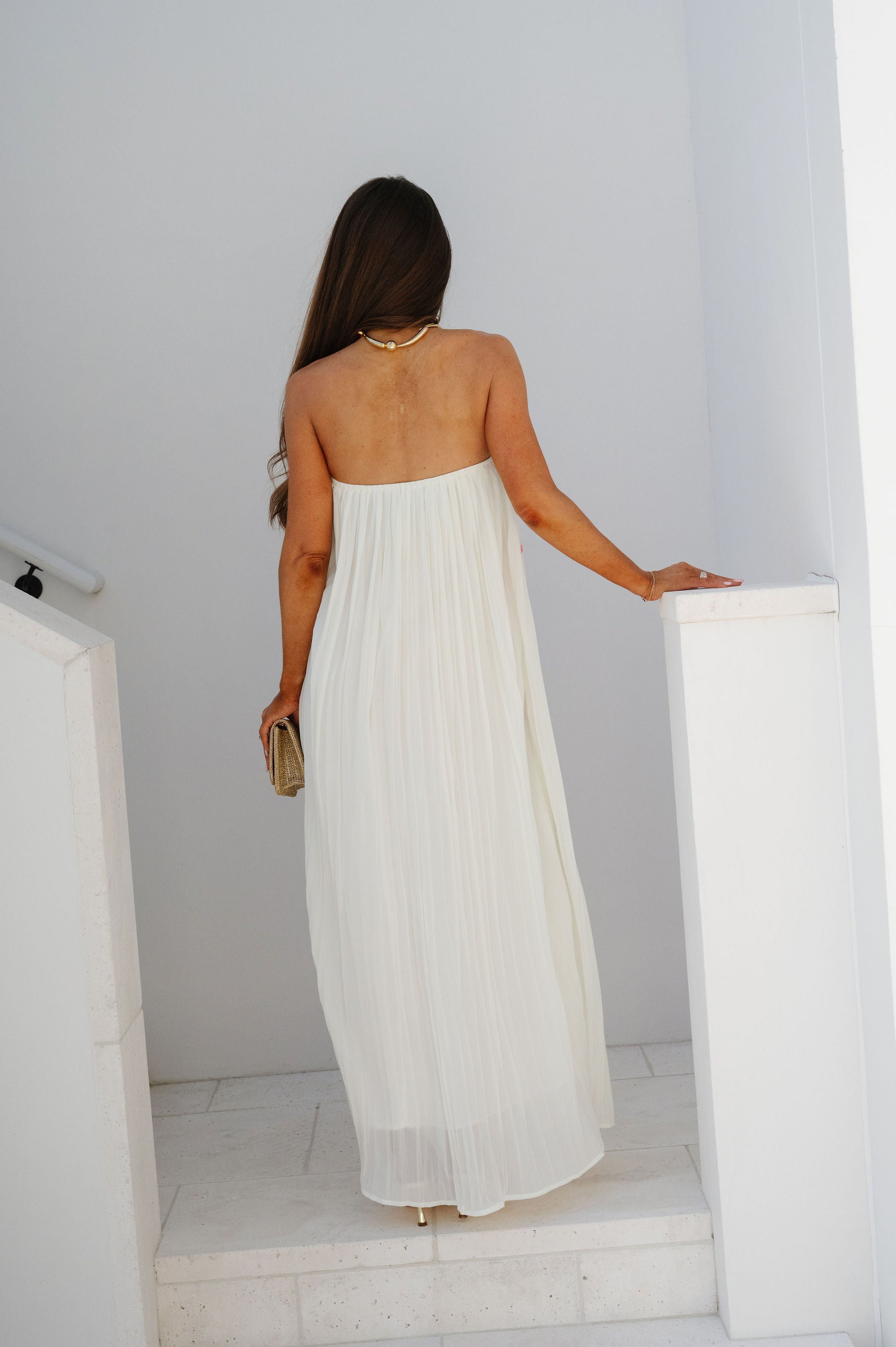 Floral Pleated Strapless Maxi Dress-Cream