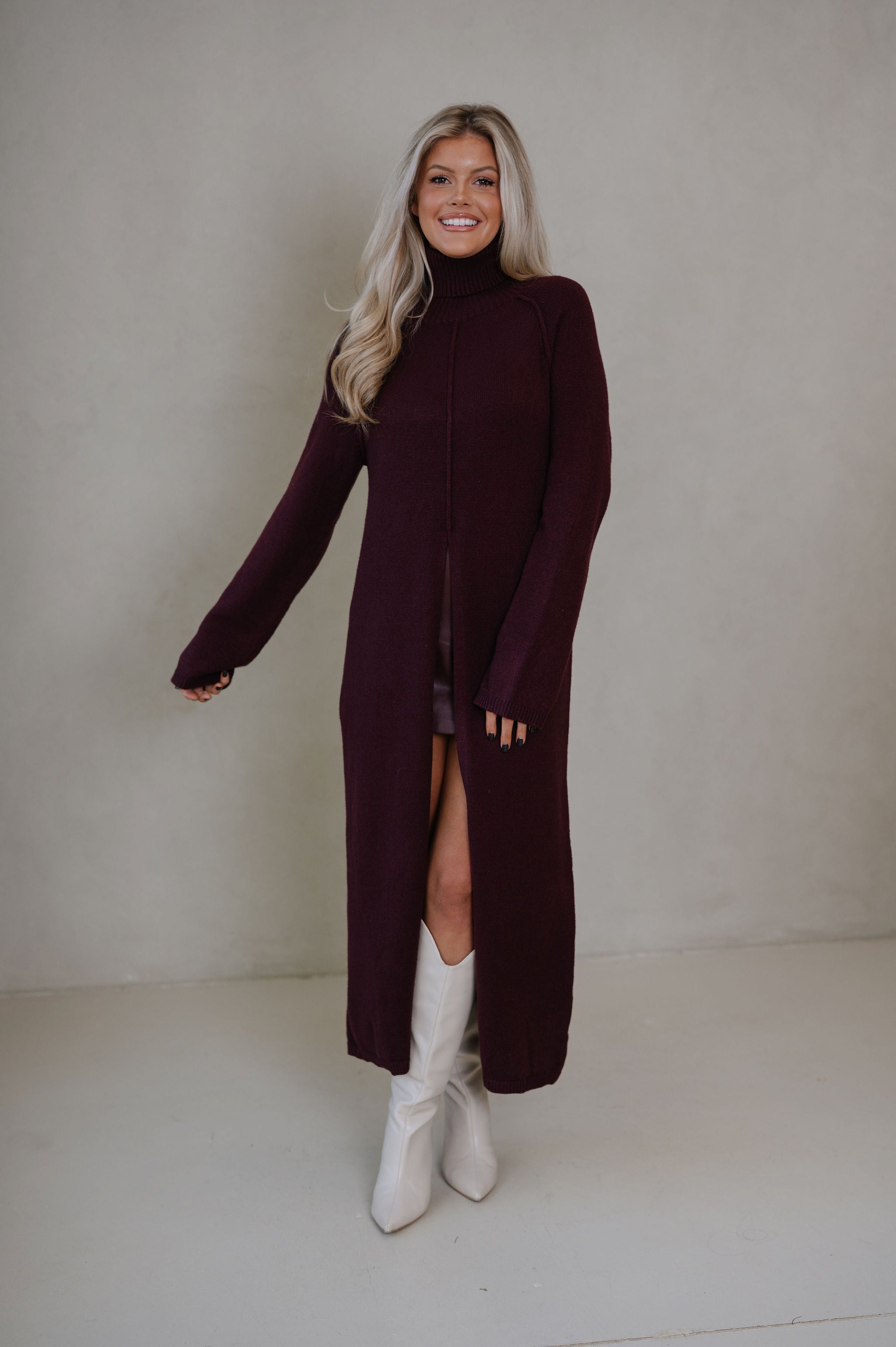 Split Hem Long Sweater-Merlot