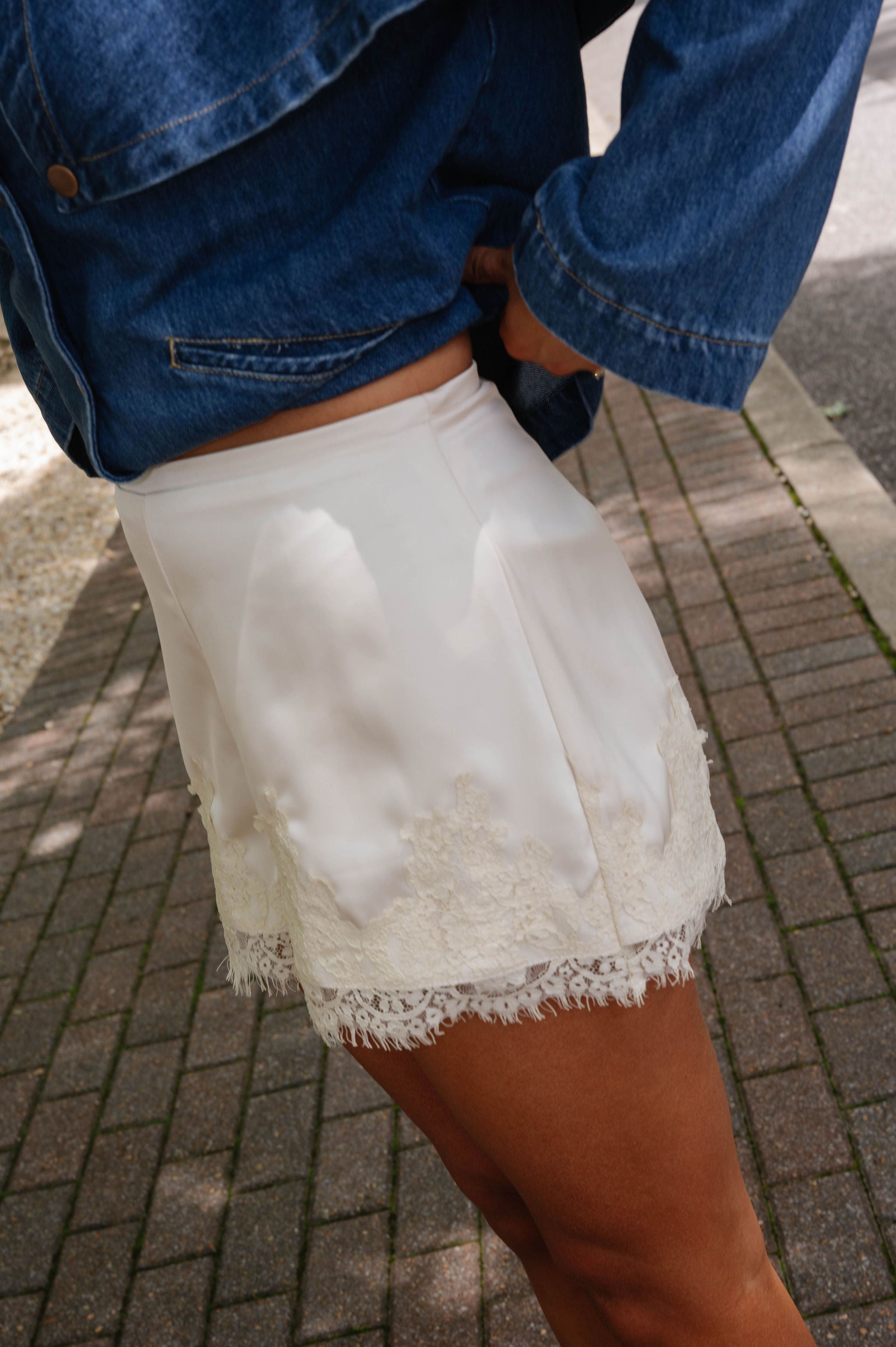 High Waist Satin Lace Hem Shorts-Ivory