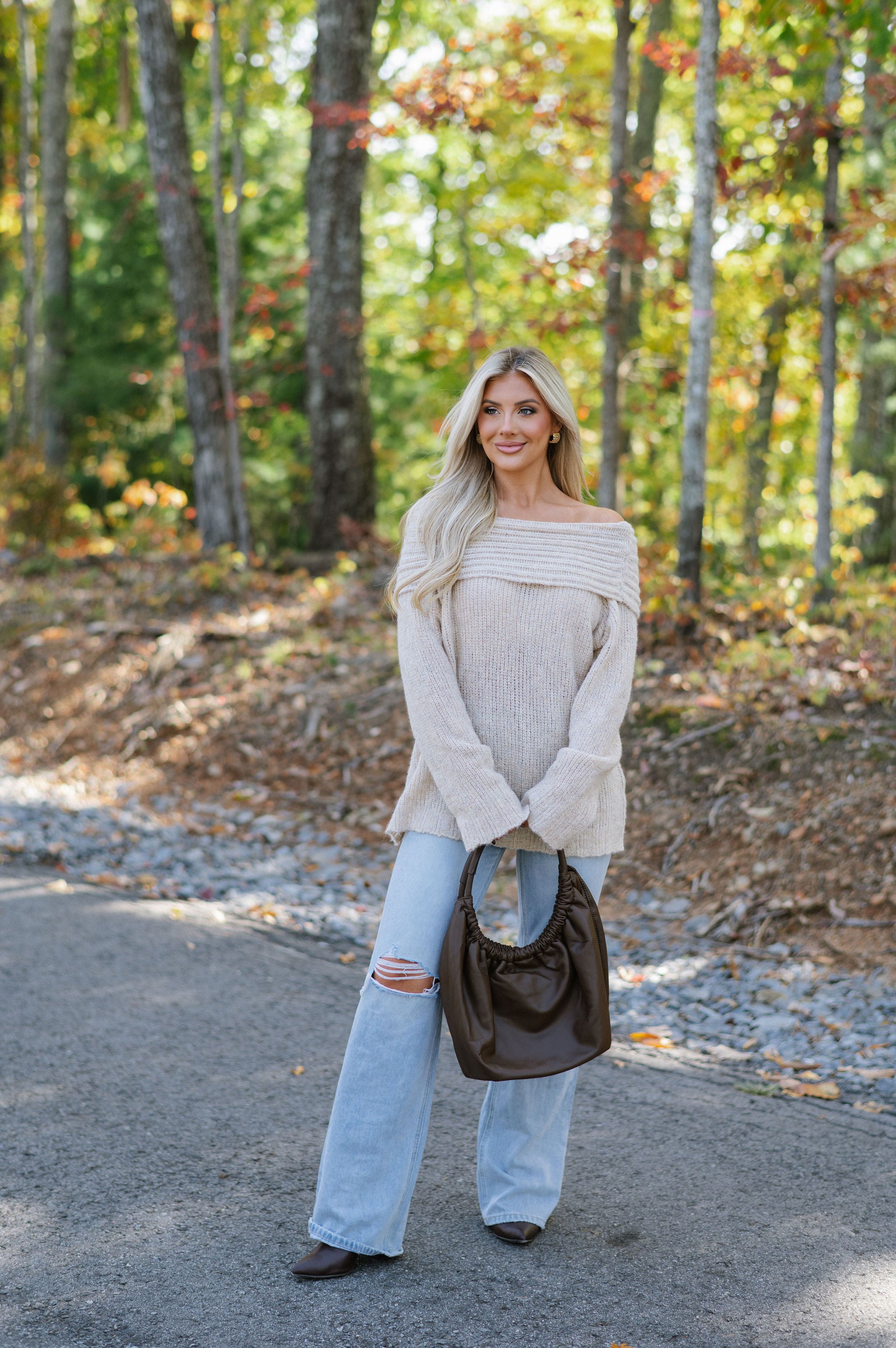 Effie Off- Shoulder Knit Sweater - Taupe