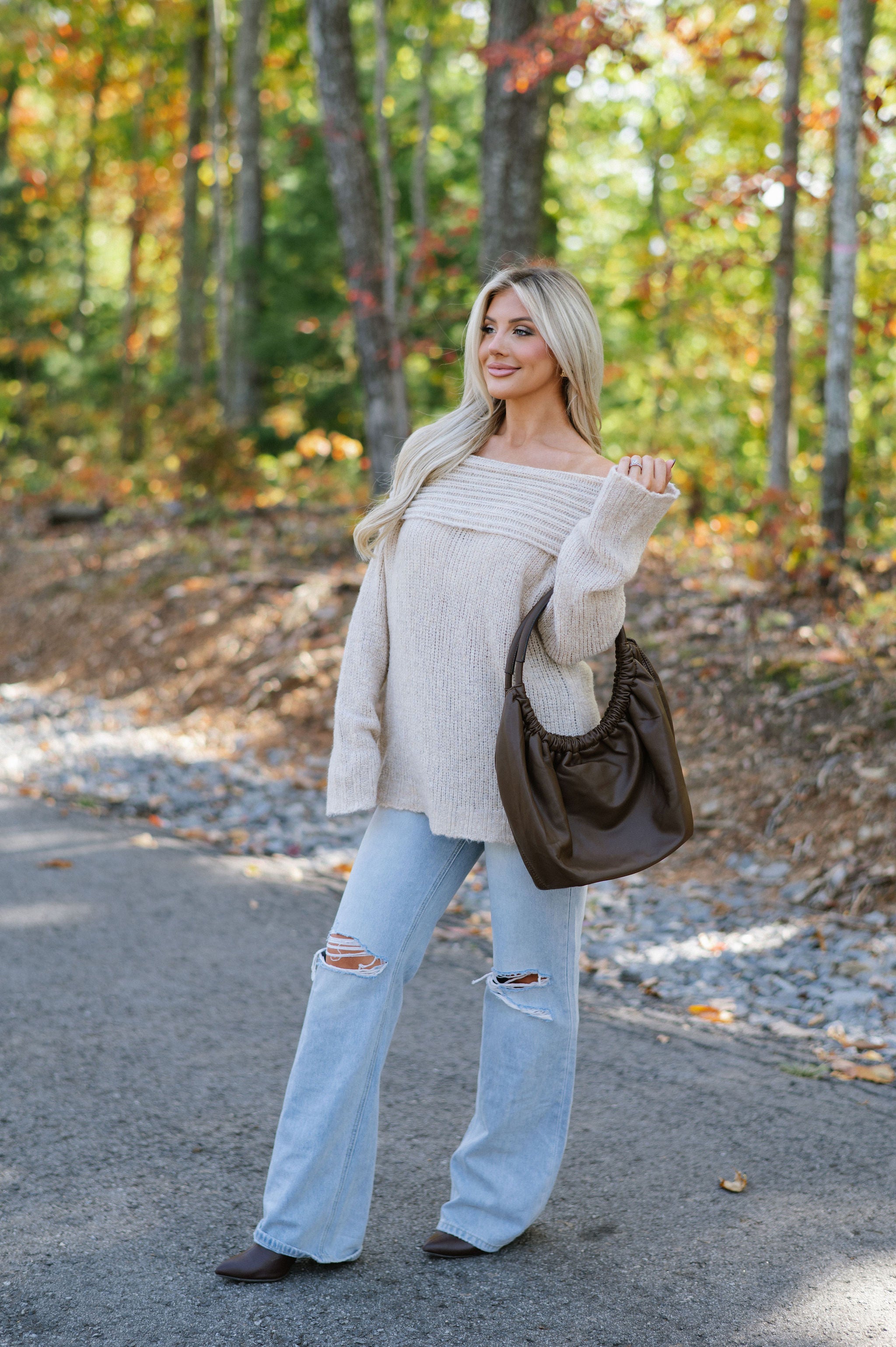 Effie Off- Shoulder Knit Sweater - Taupe