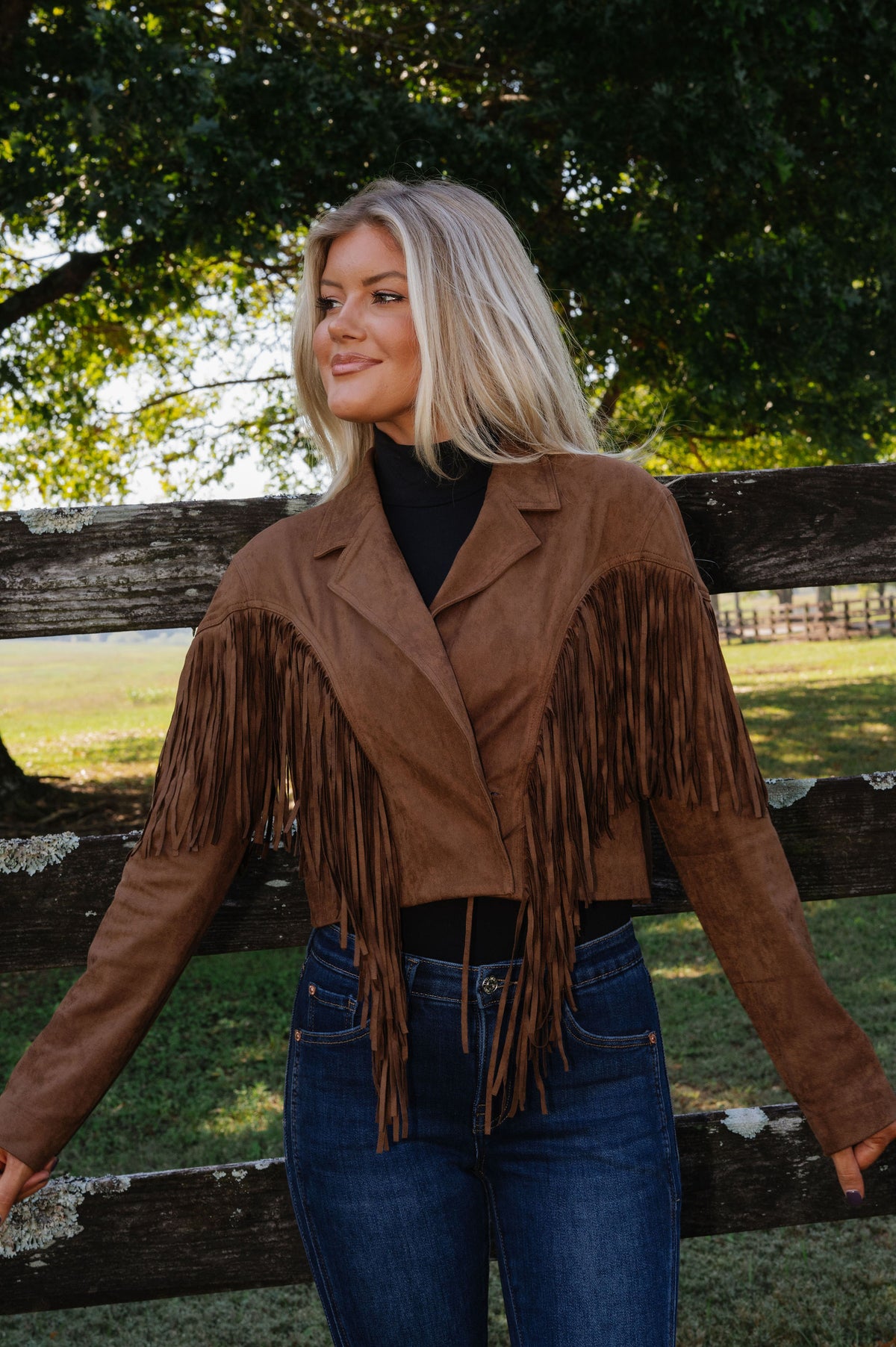 Faux Suede Fringe Cropped Jacket-Brown