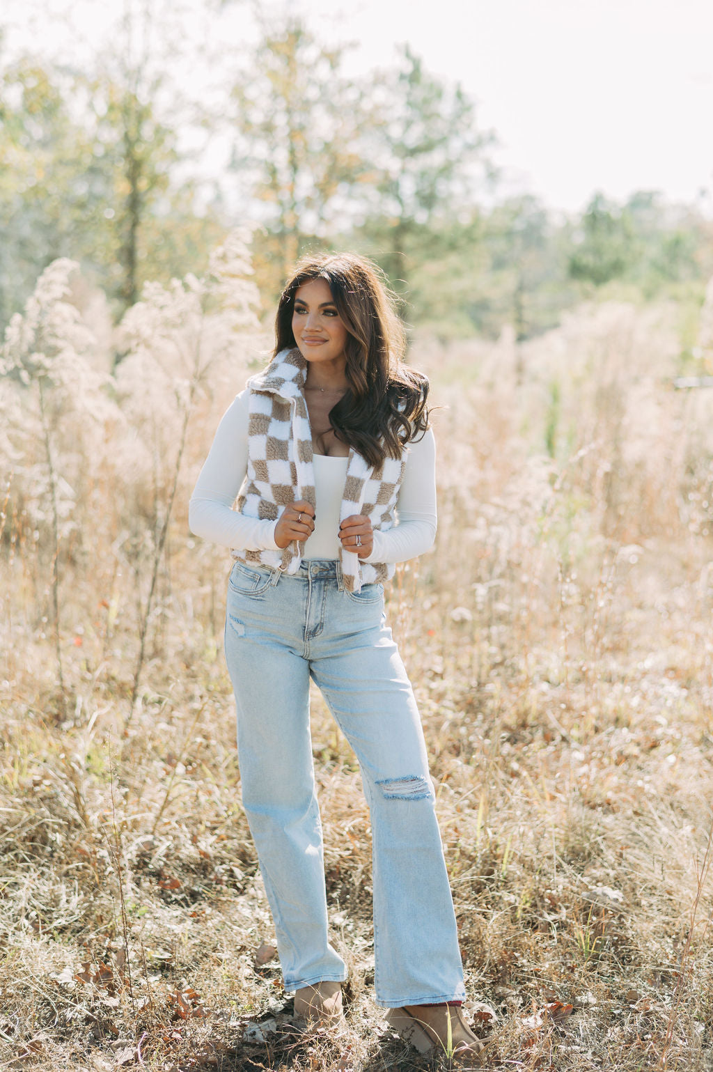 Checkered Sherpa Vest- Taupe