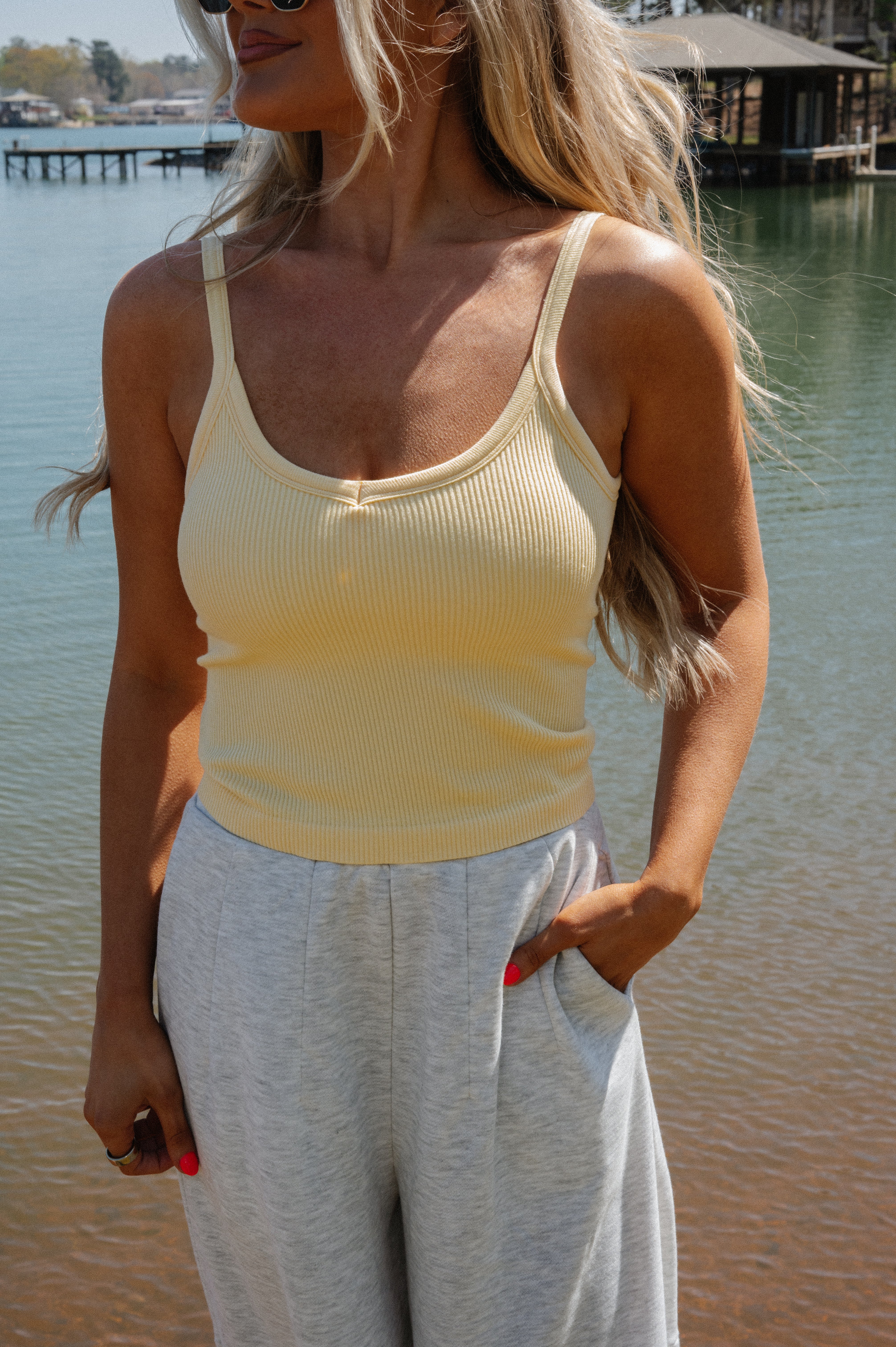 Ribbed Padded Tank Top-Yellow