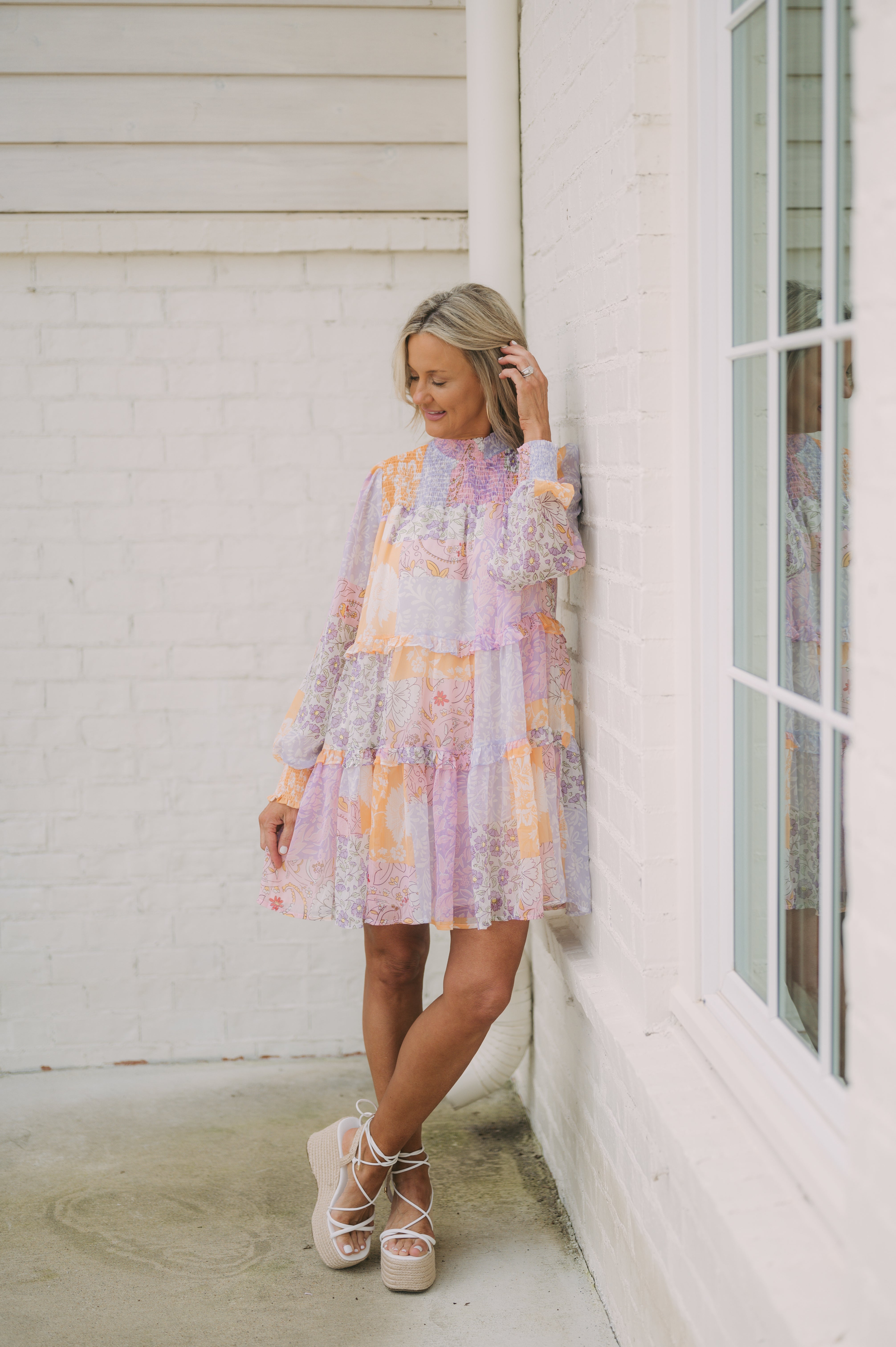 Patchwork Tiered Dress-Lavender Multi