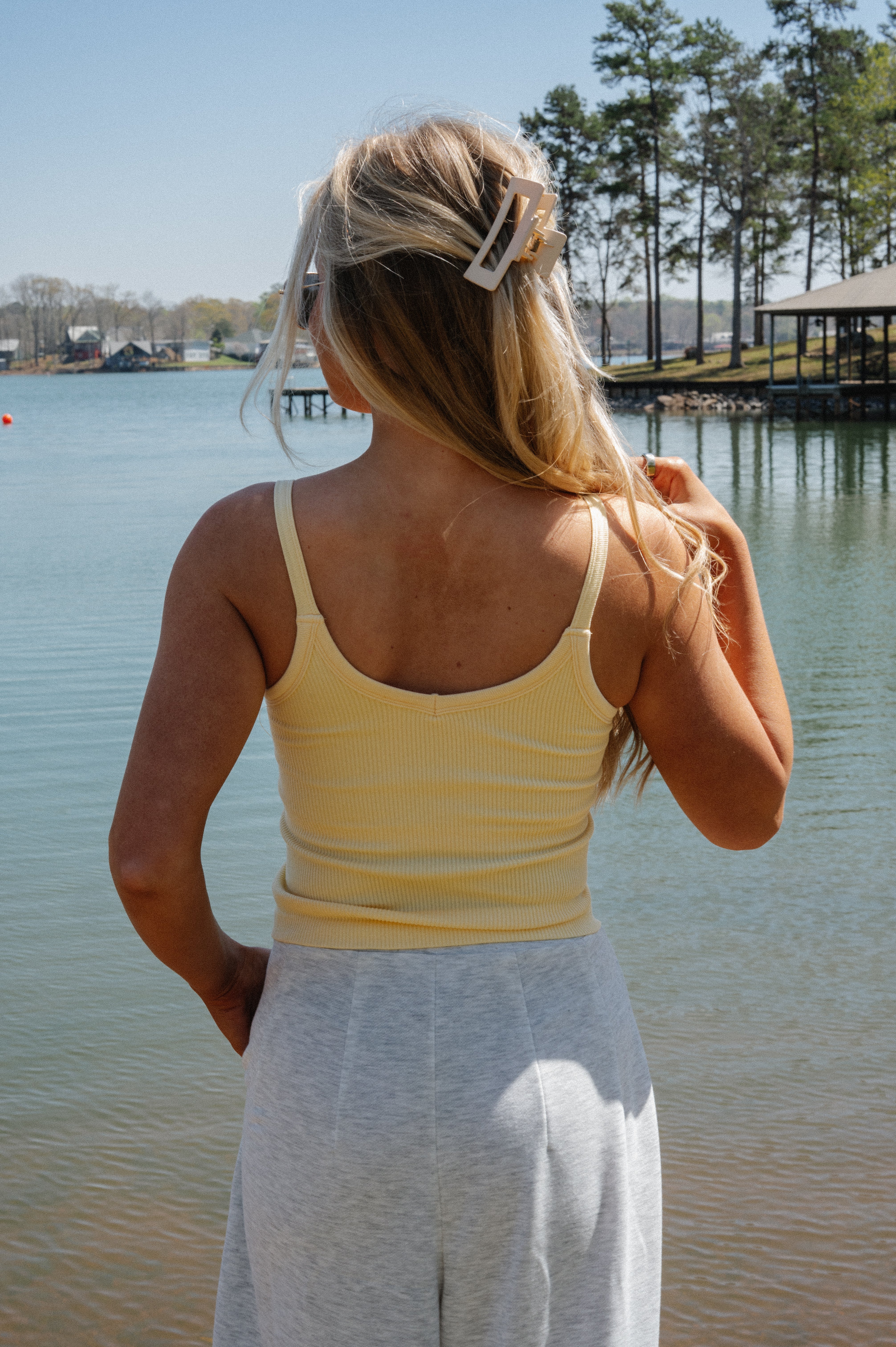Ribbed Padded Tank Top-Yellow