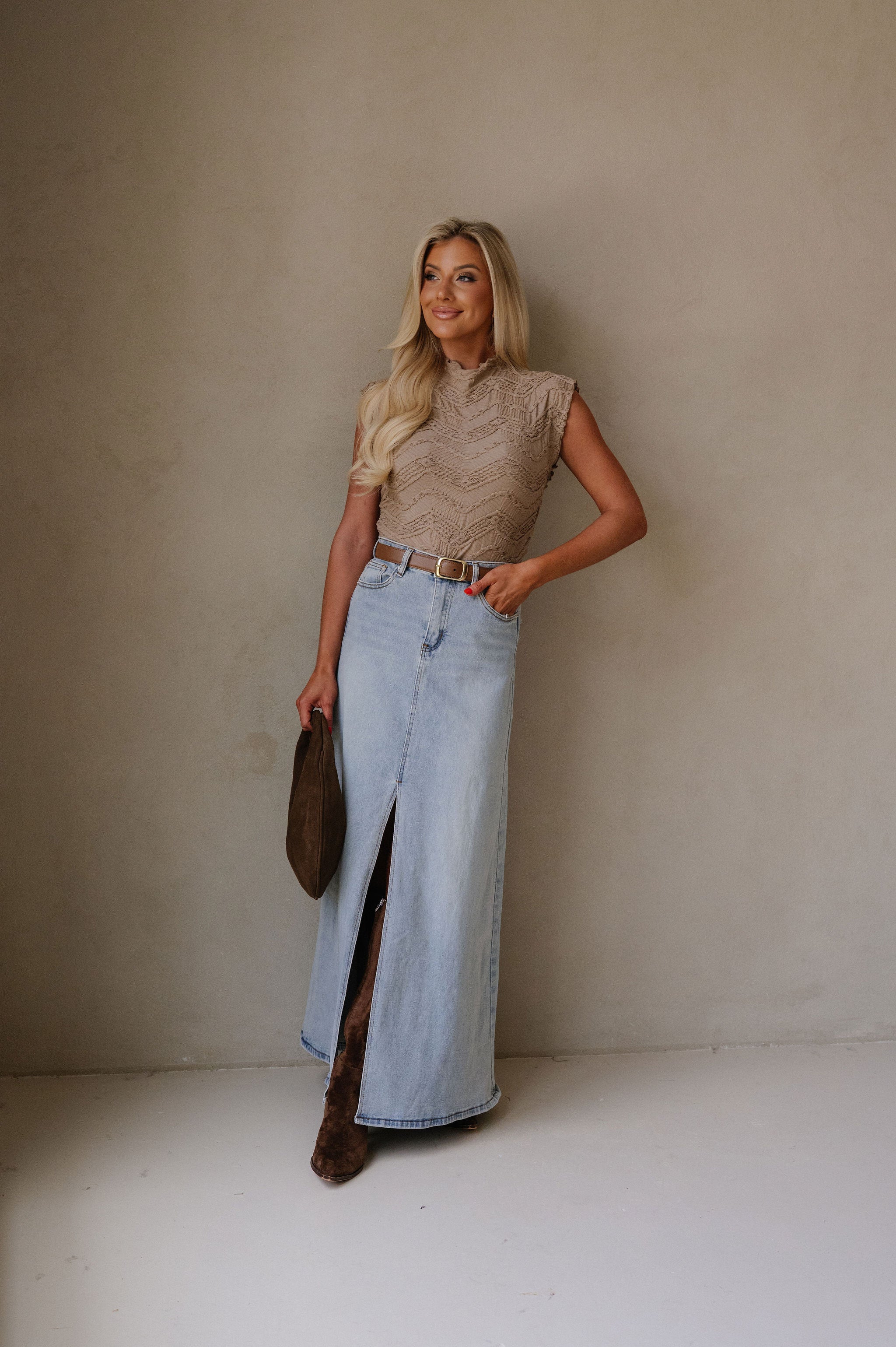 Mock Neck Scrunch Top-Taupe