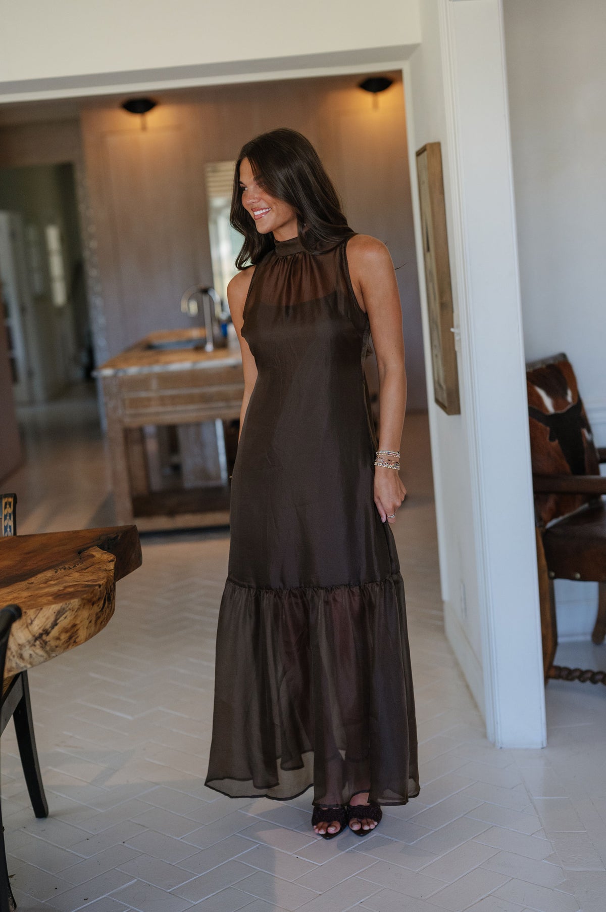 Sunnie Organza Mock Neck Maxi Dress-Brown
