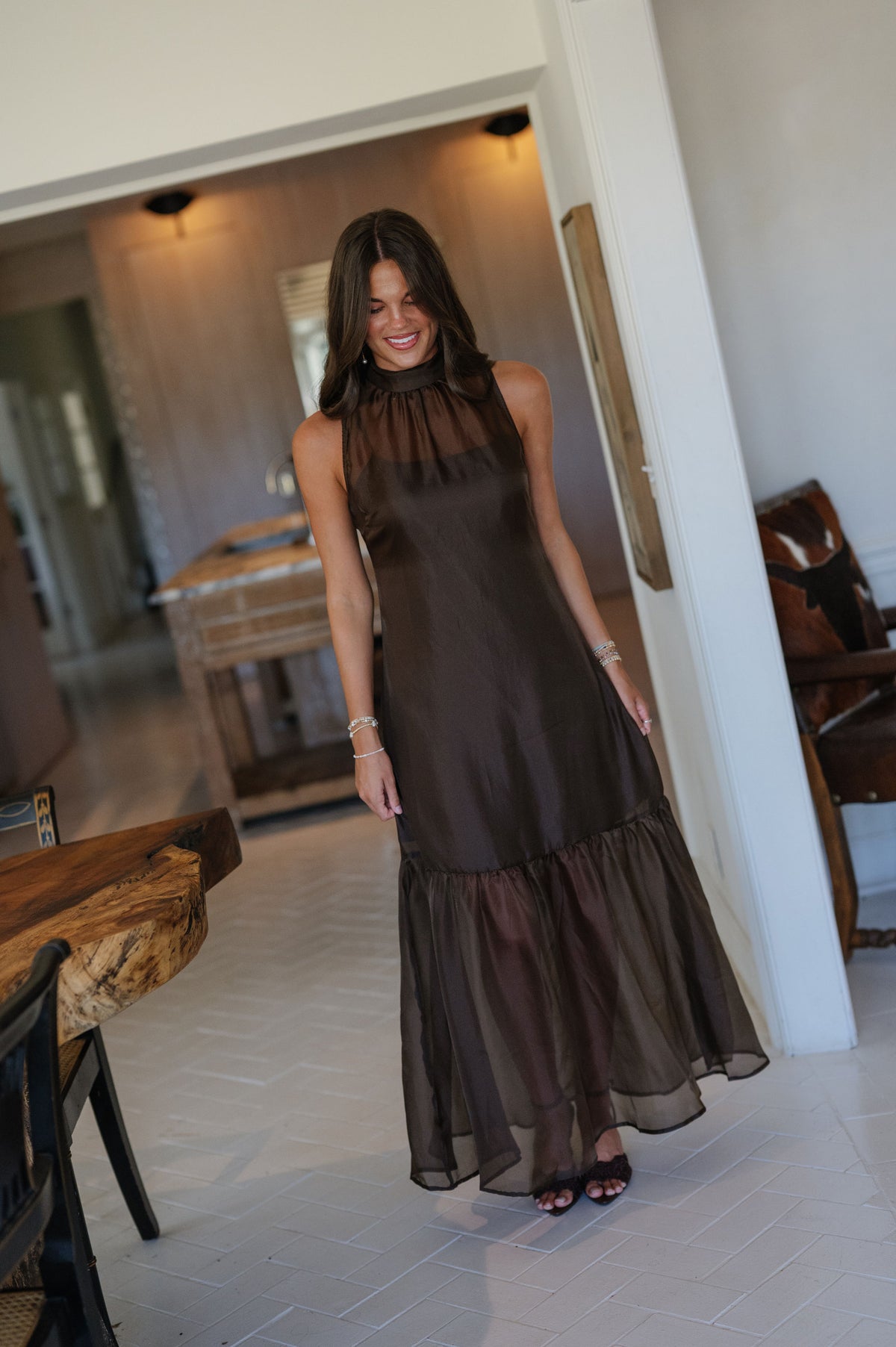 Sunnie Organza Mock Neck Maxi Dress-Brown
