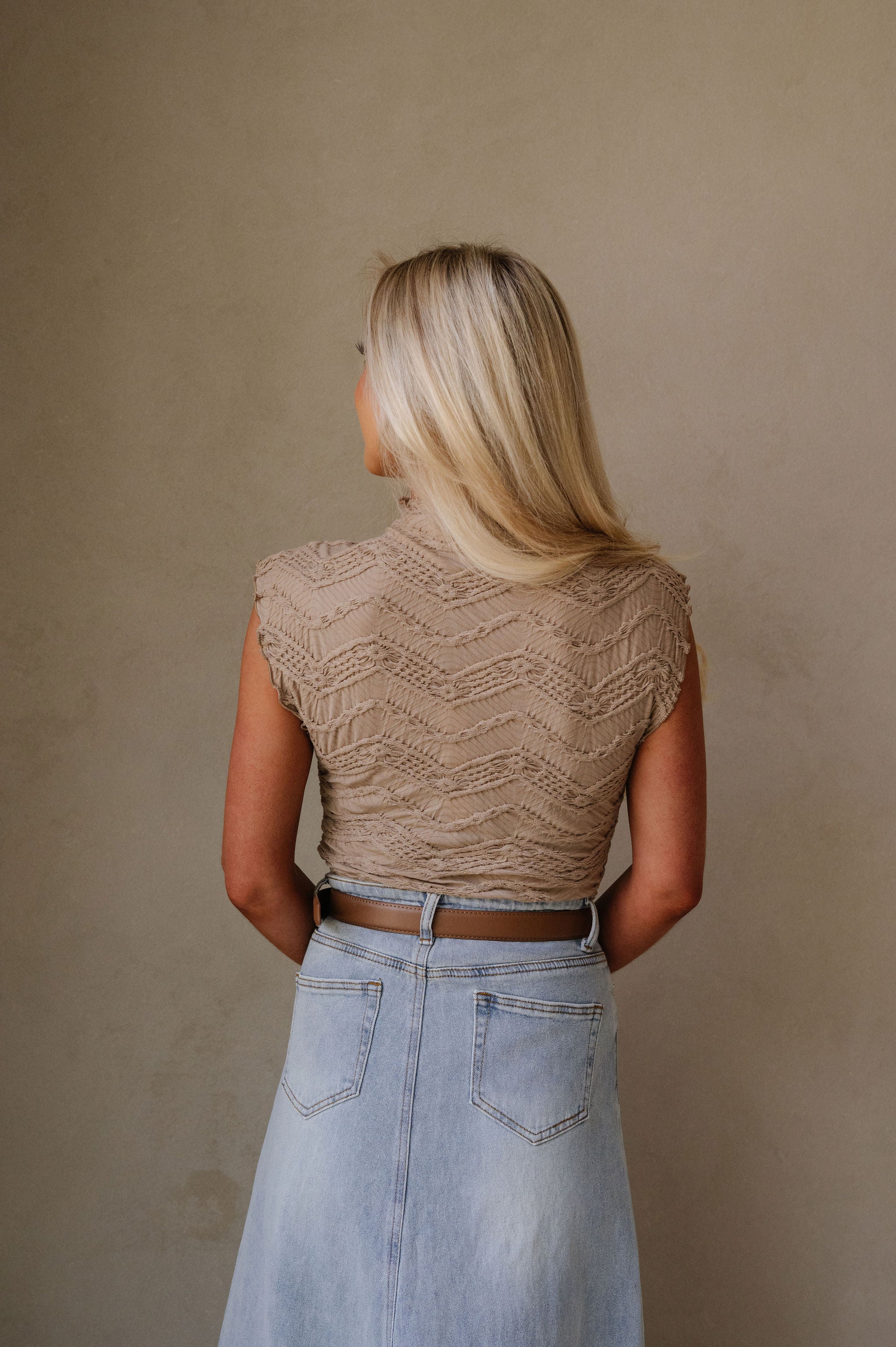 Mock Neck Scrunch Top-Taupe