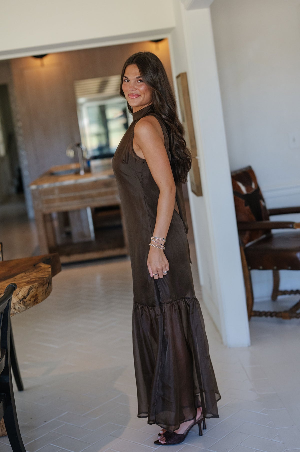 Sunnie Organza Mock Neck Maxi Dress-Brown