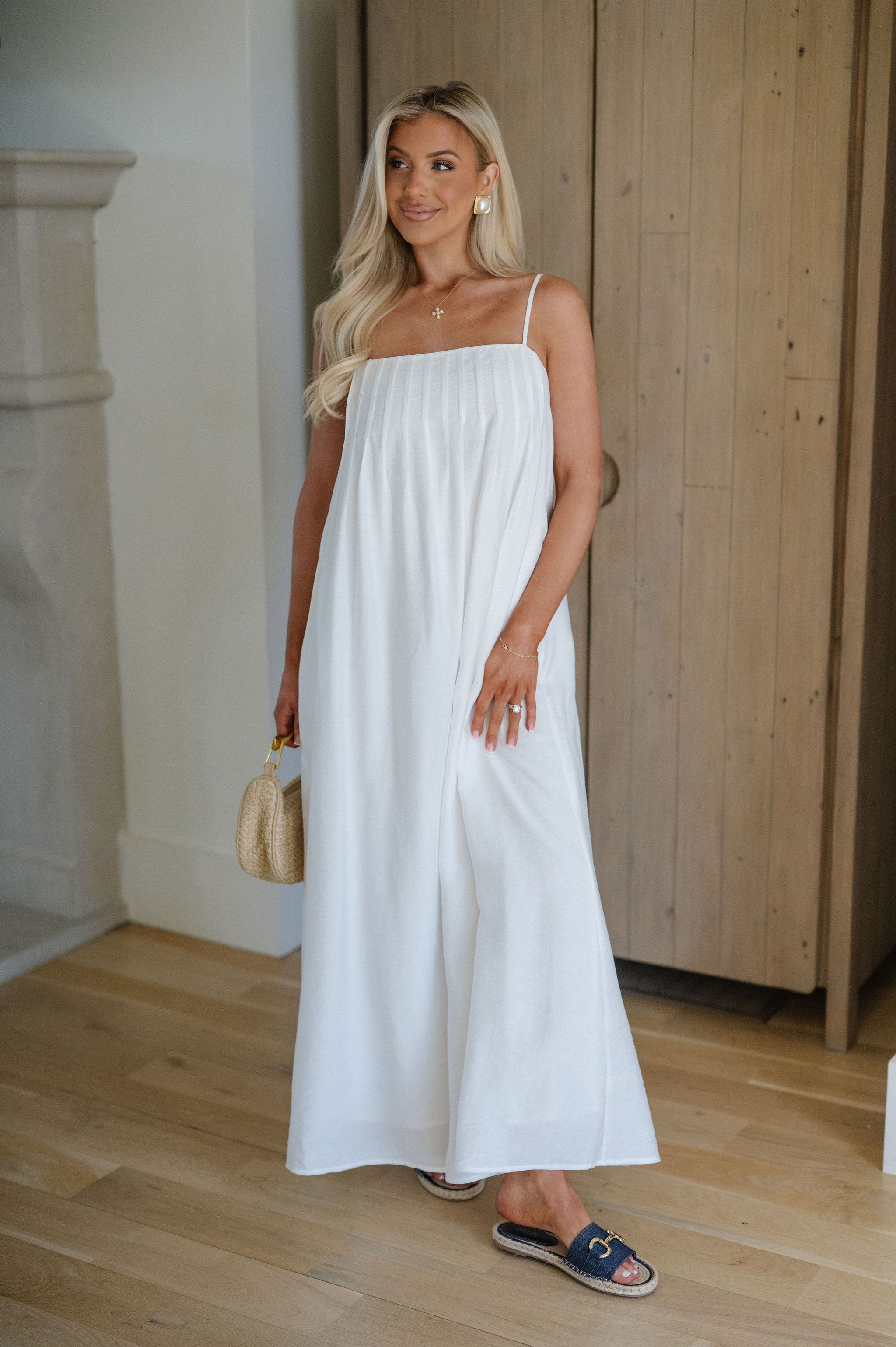 Pleated Strappy Maxi Dress-Off White