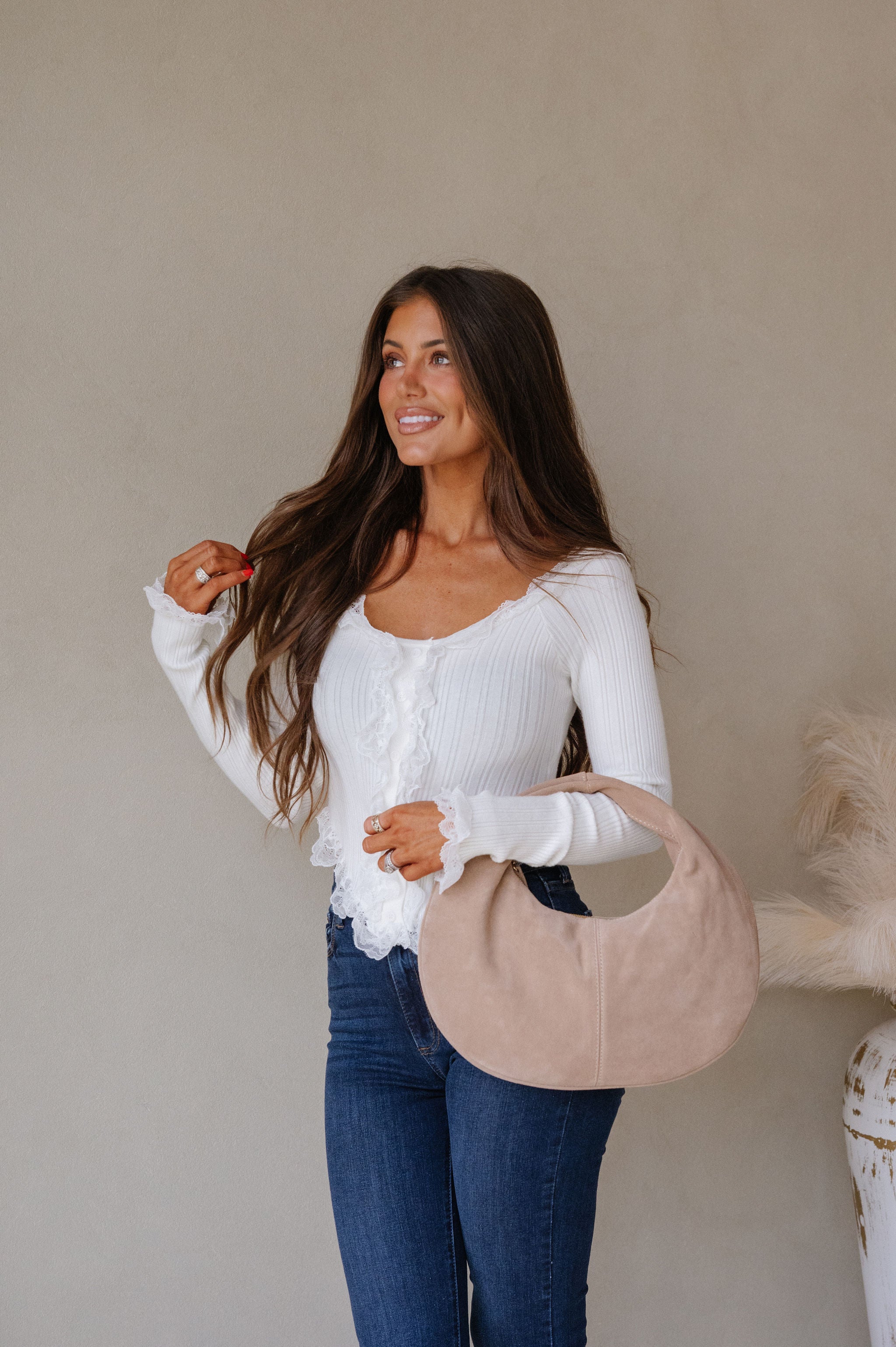 Lace Ruffled Sweater Top-Ivory