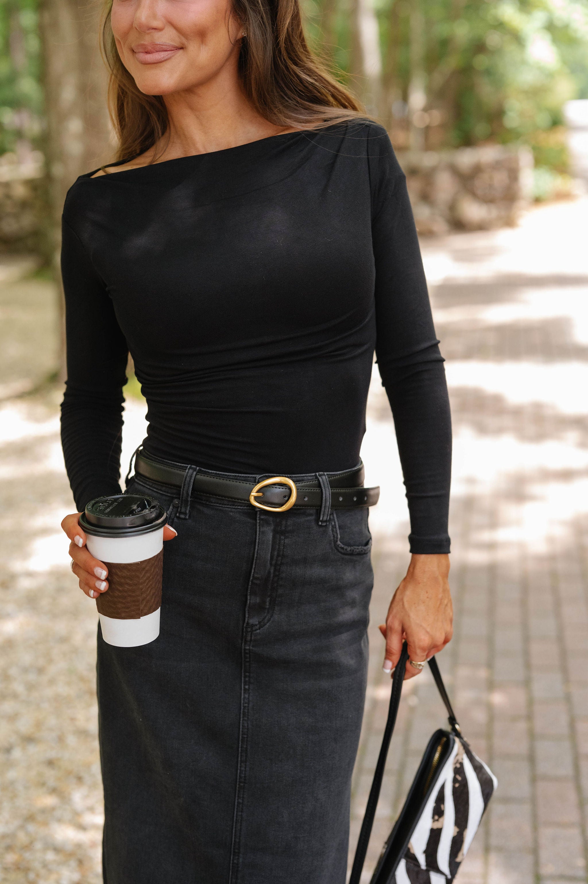 Boat Neck Pintuck Long Sleeve Knit Top-Black