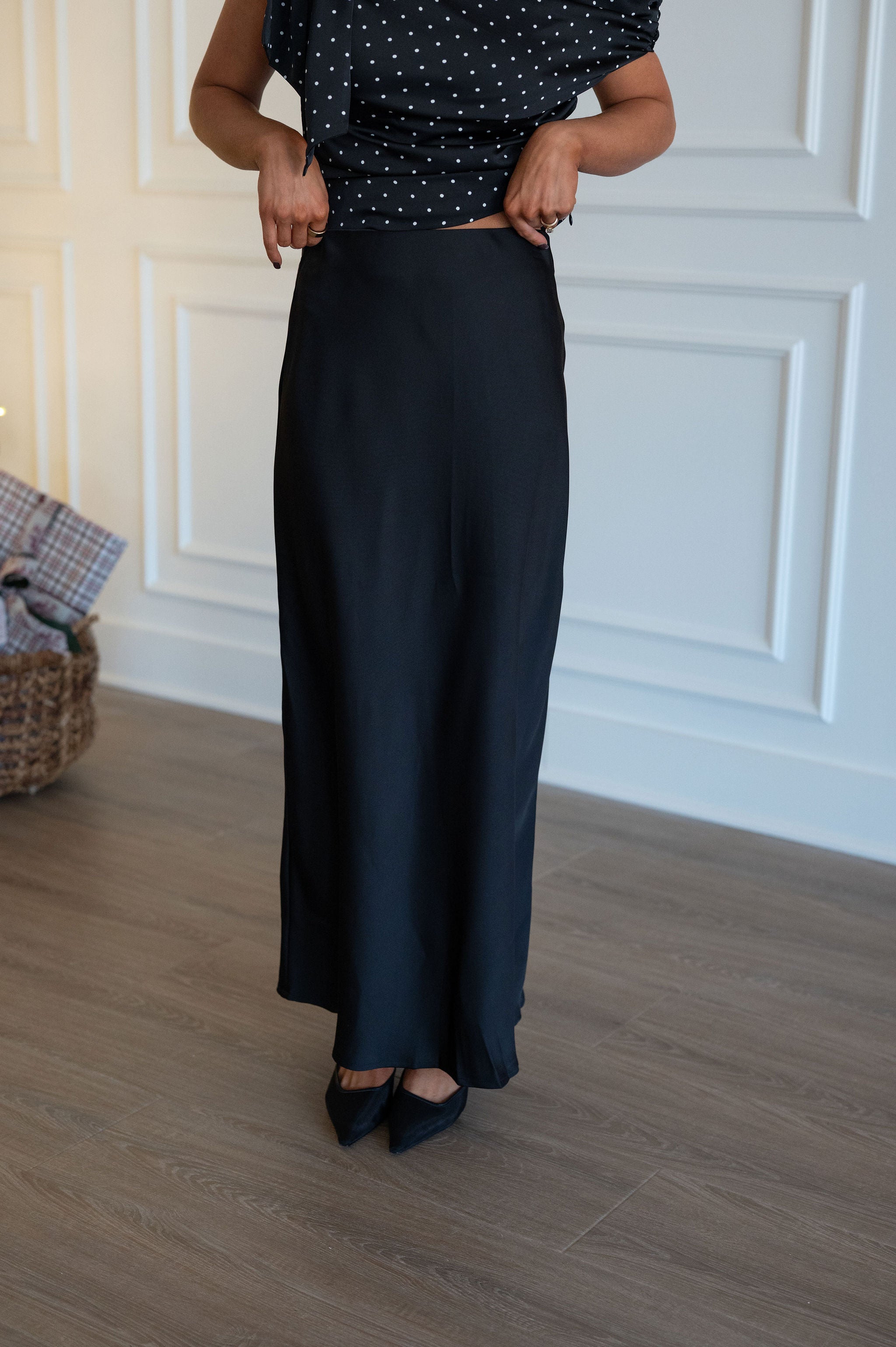 Rhea Satin Maxi Skirt-Black