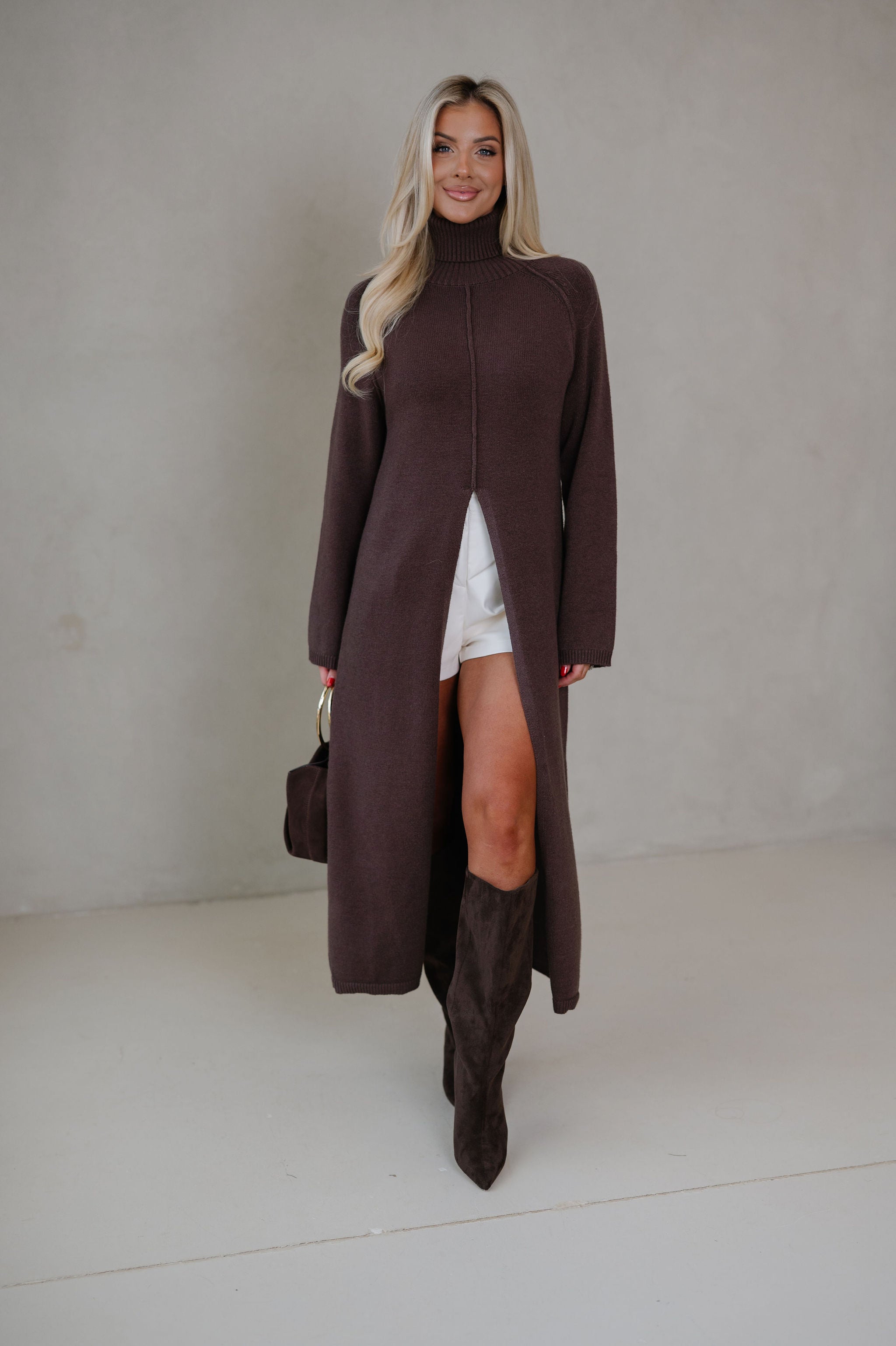 Split Hem Long Sweater-Brown