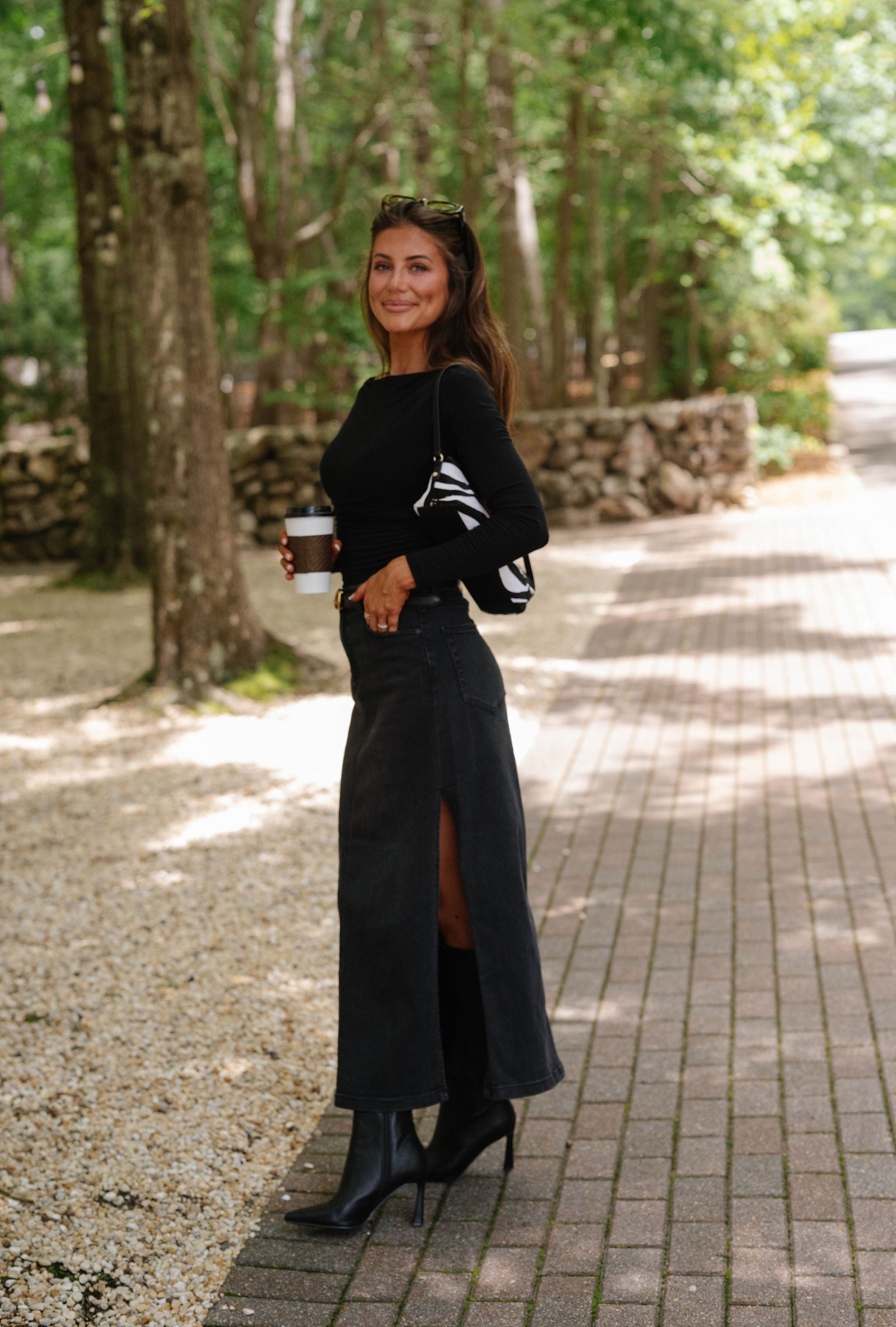 Boat Neck Pintuck Long Sleeve Knit Top-Black
