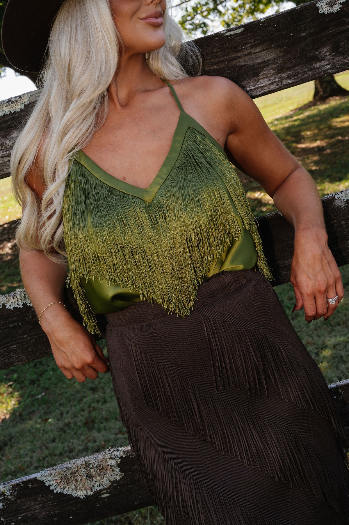 Mia Satin Fringe Top-Olive
