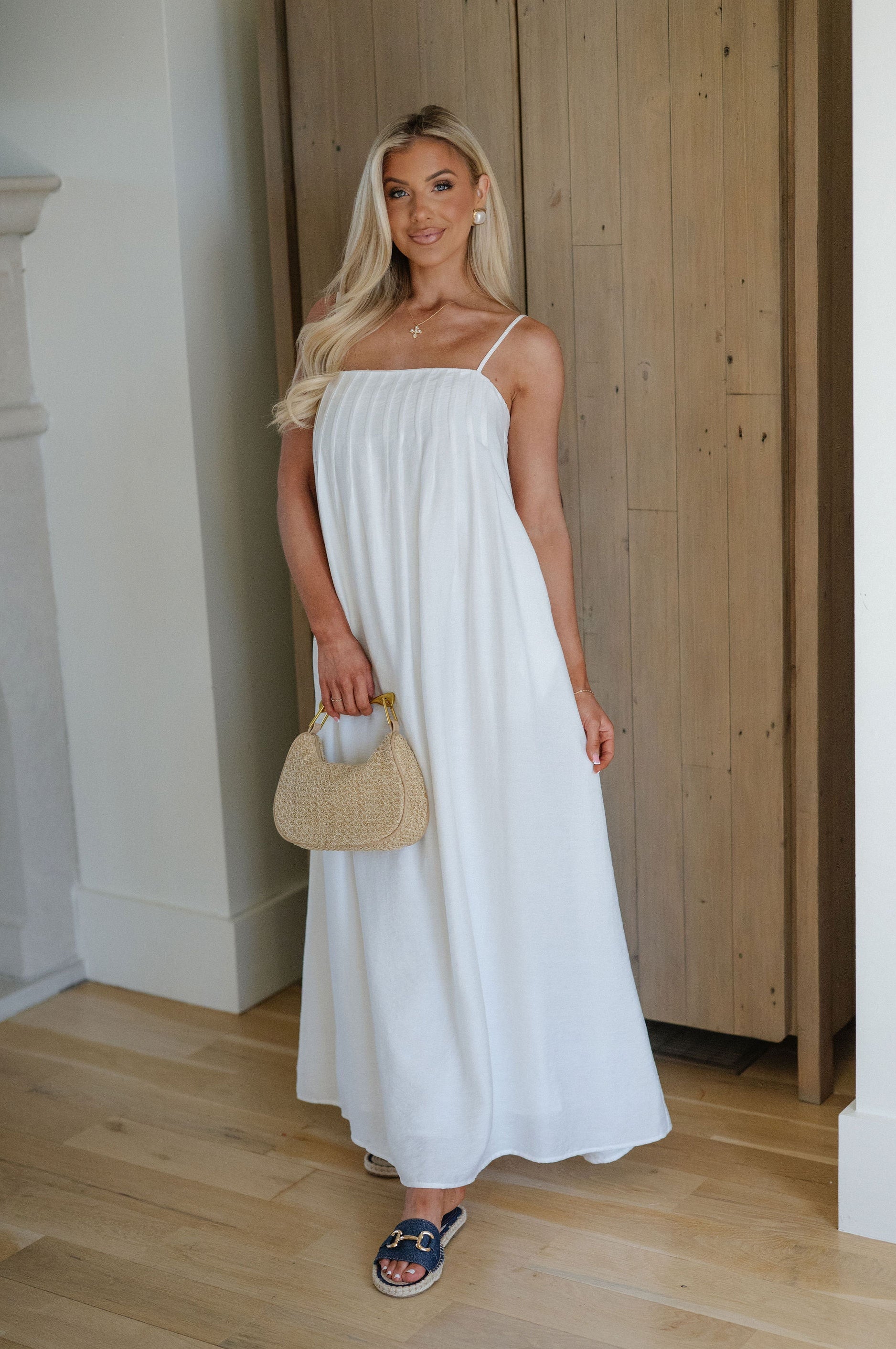 Pleated Strappy Maxi Dress-Off White