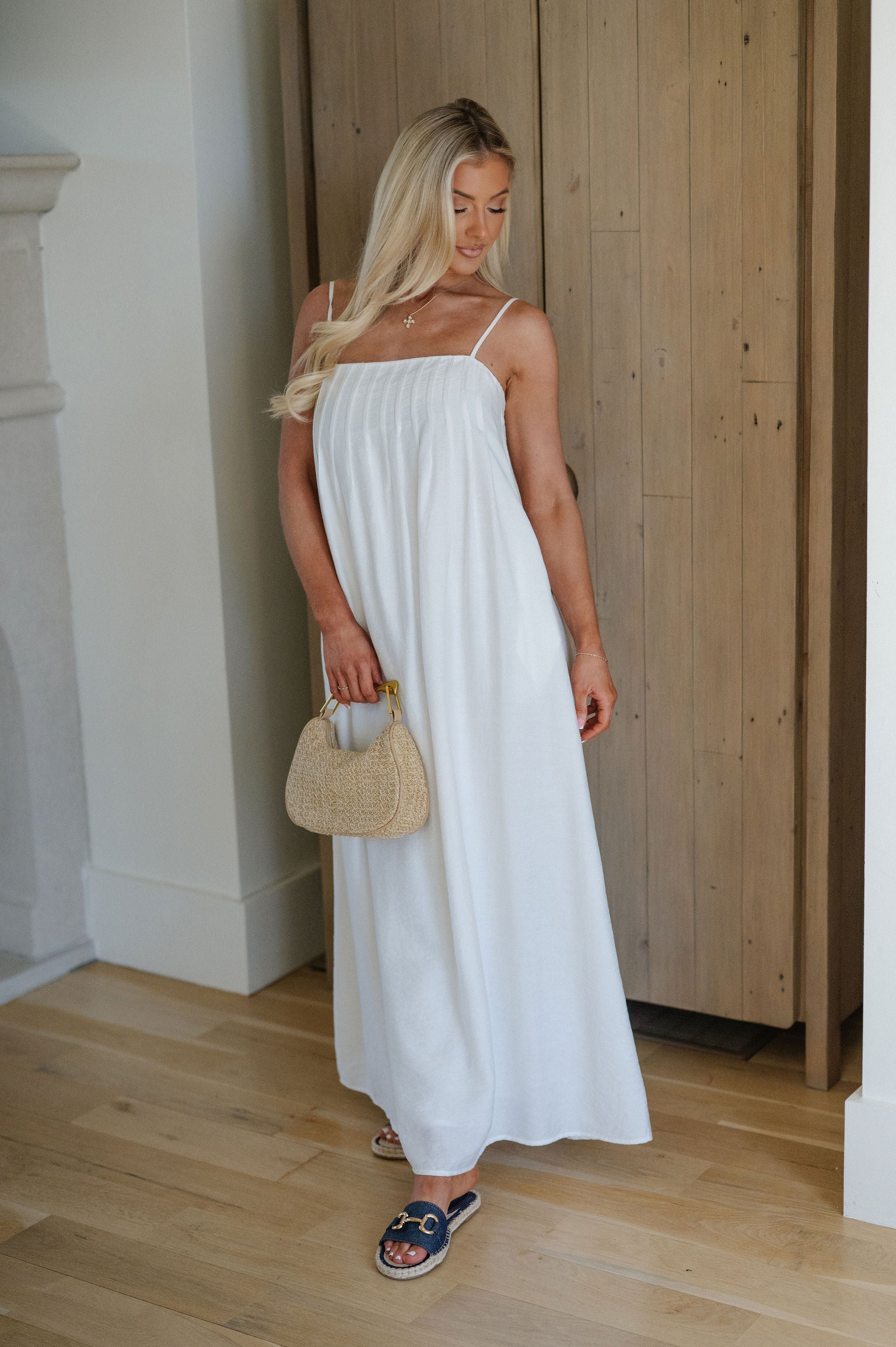 Pleated Strappy Maxi Dress-Off White