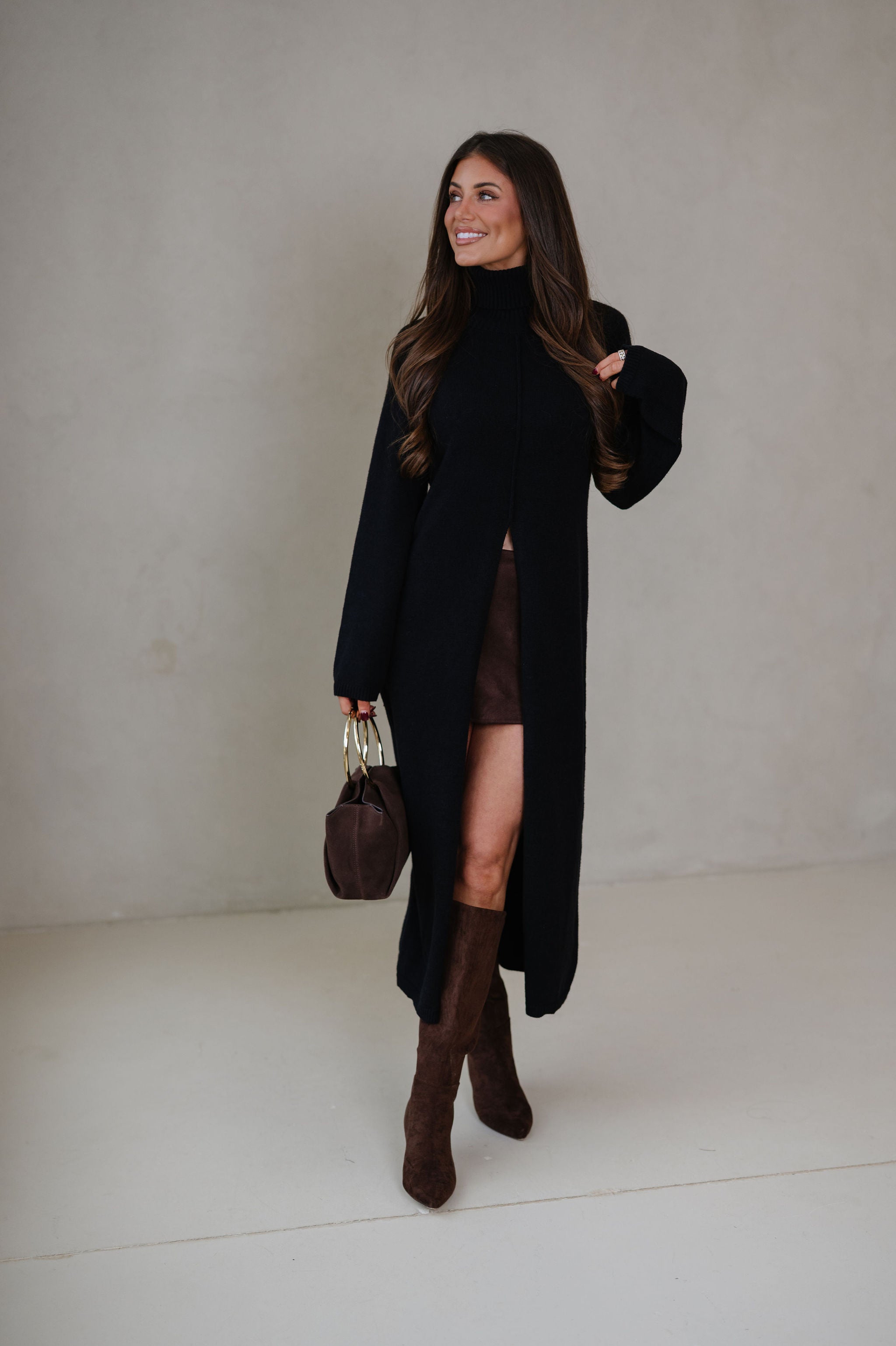 Split Hem Long Sweater-Black
