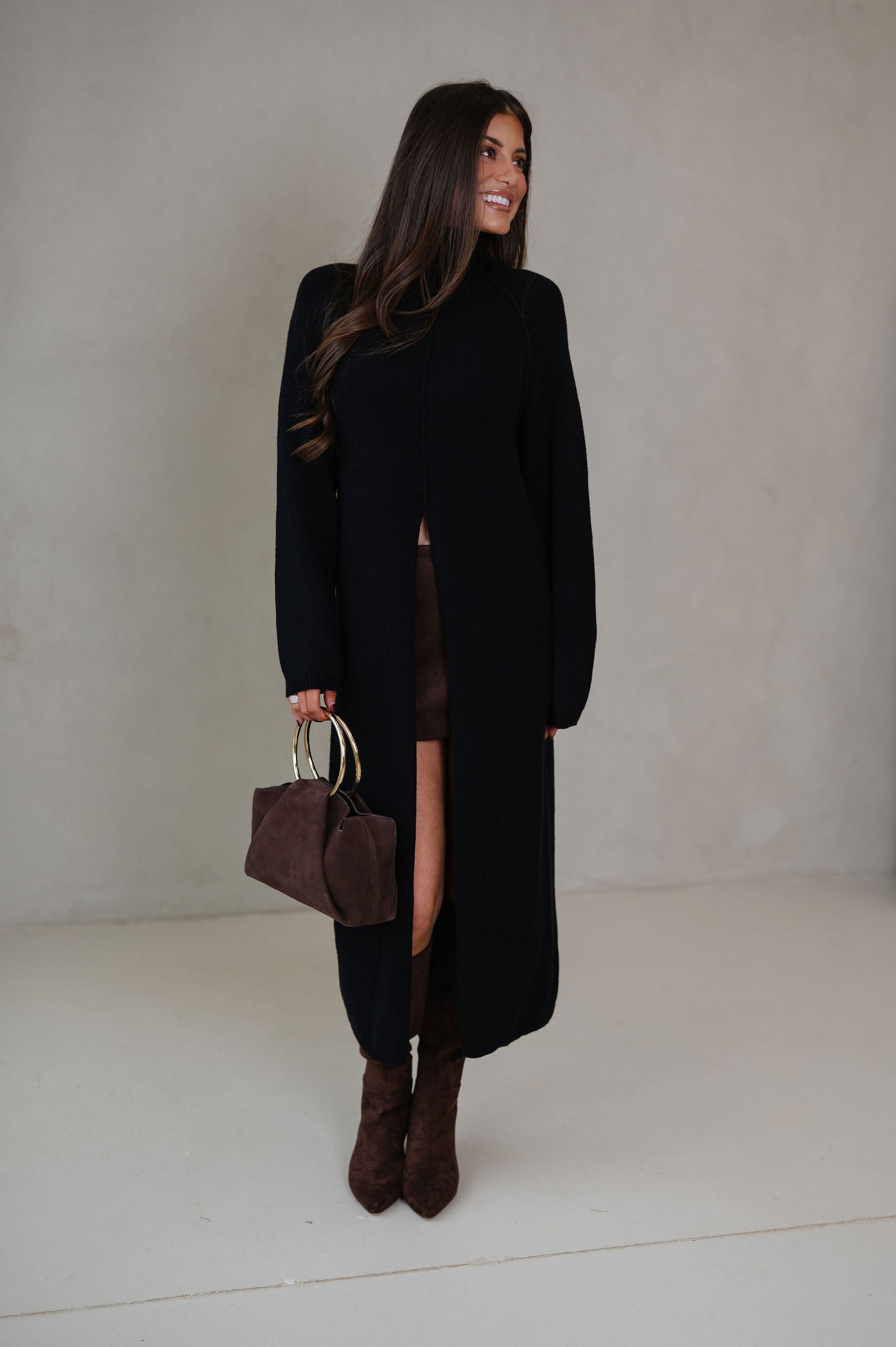 Split Hem Long Sweater-Black
