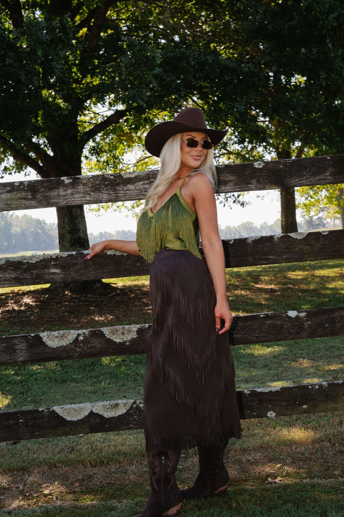 Kaylee Fringe Midi Skirt-Brown