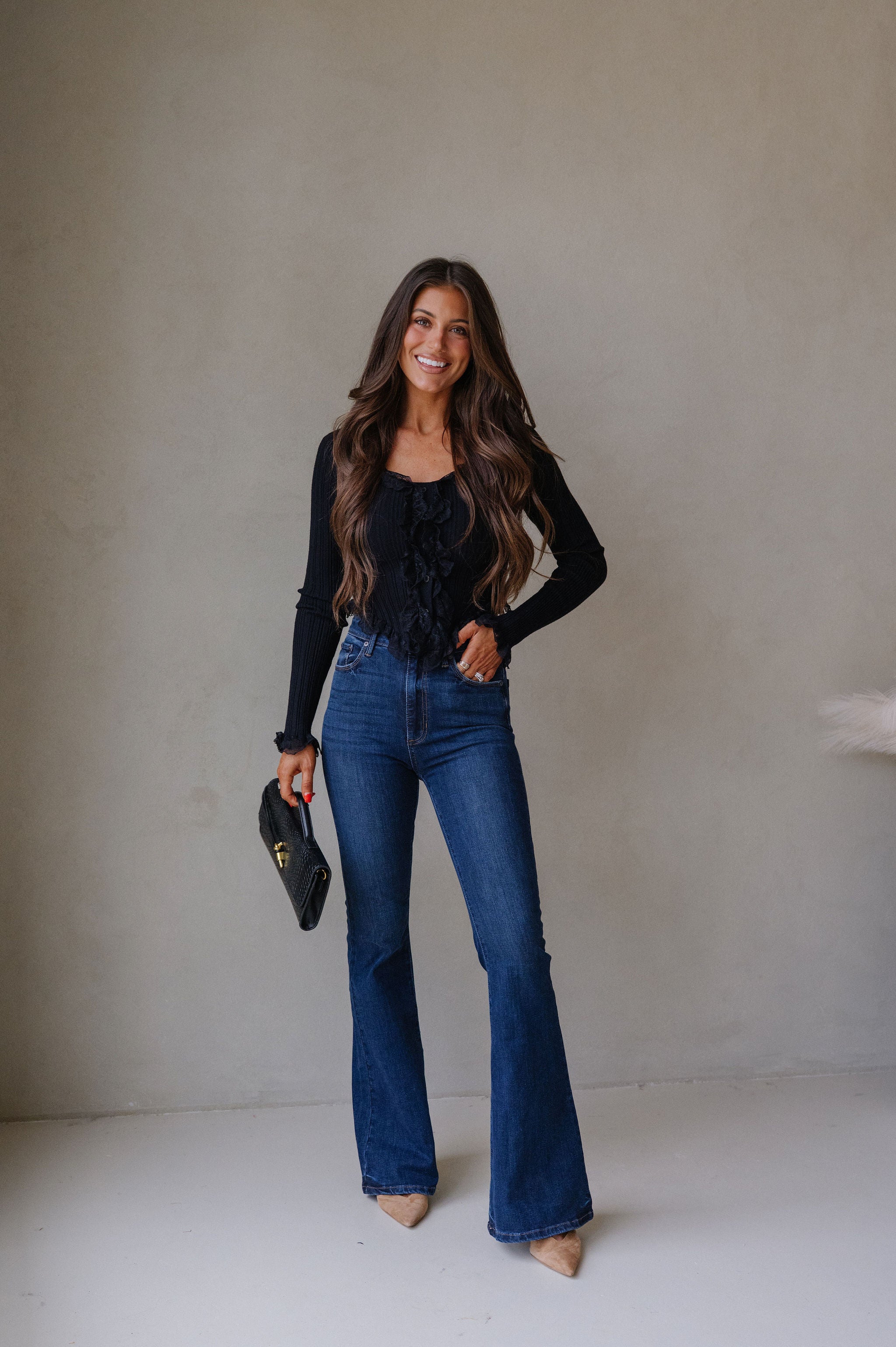 Lace Ruffled Sweater Top-Black