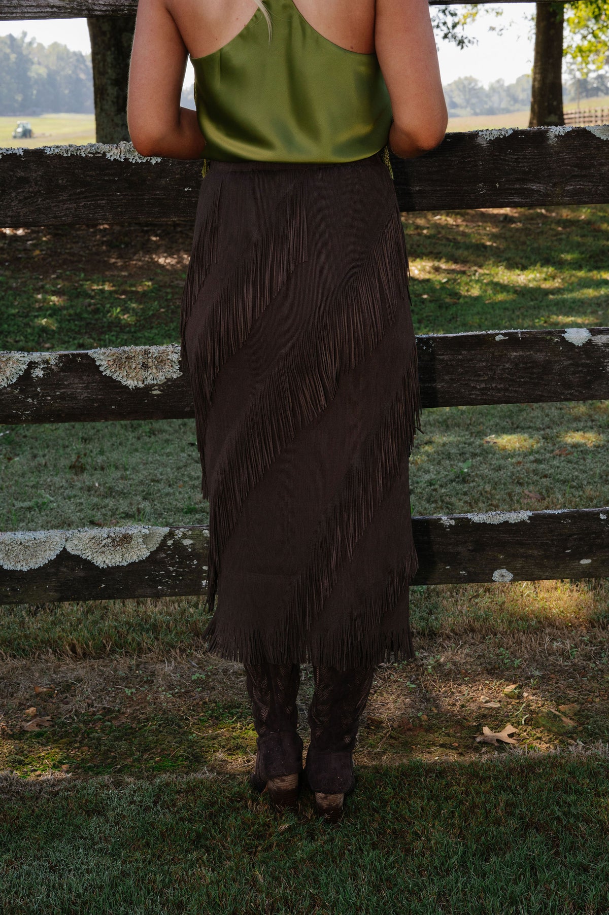 Kaylee Fringe Midi Skirt-Brown