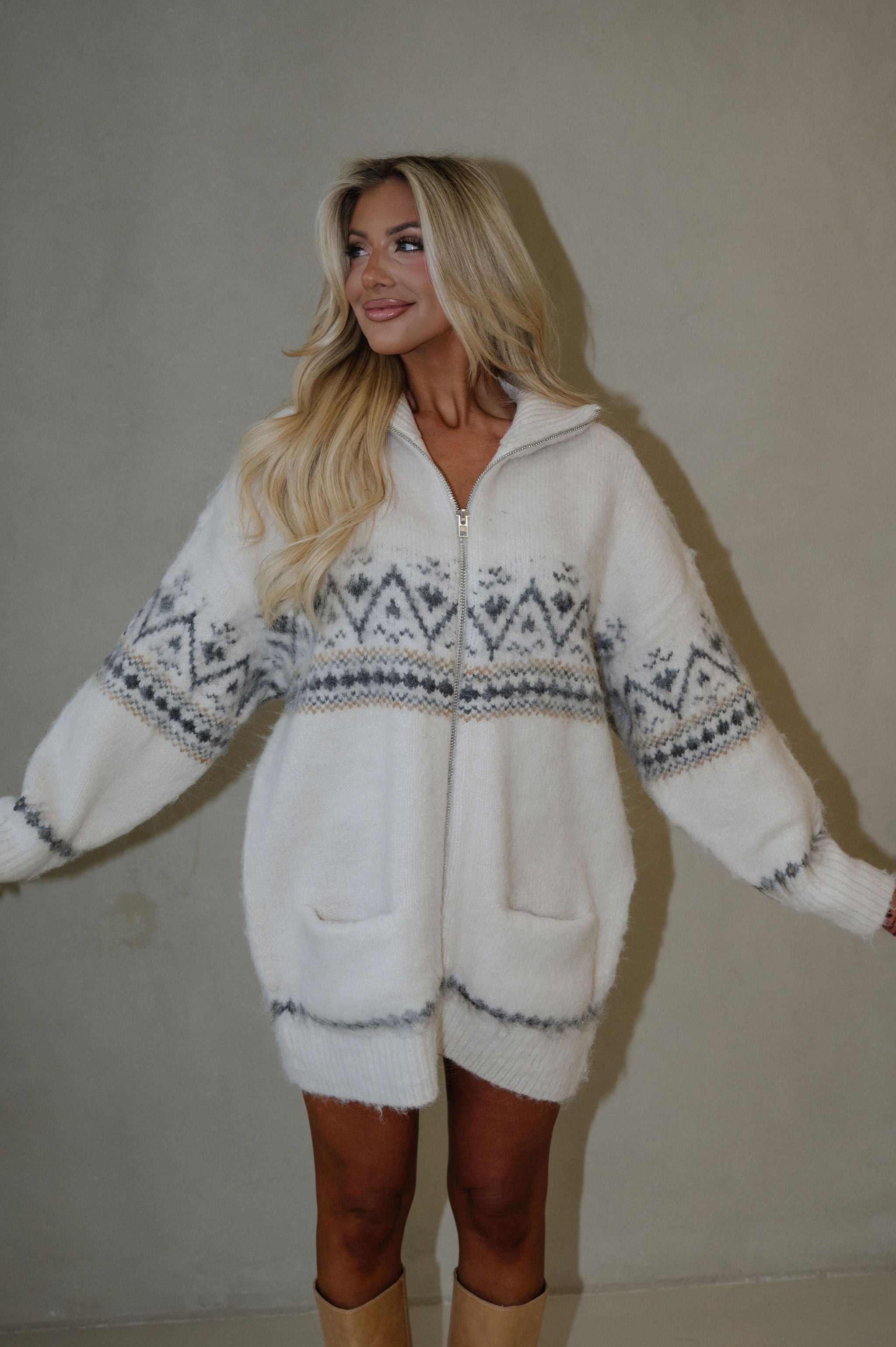 Fair Isle Cardigan Sweater Dress-Ivory