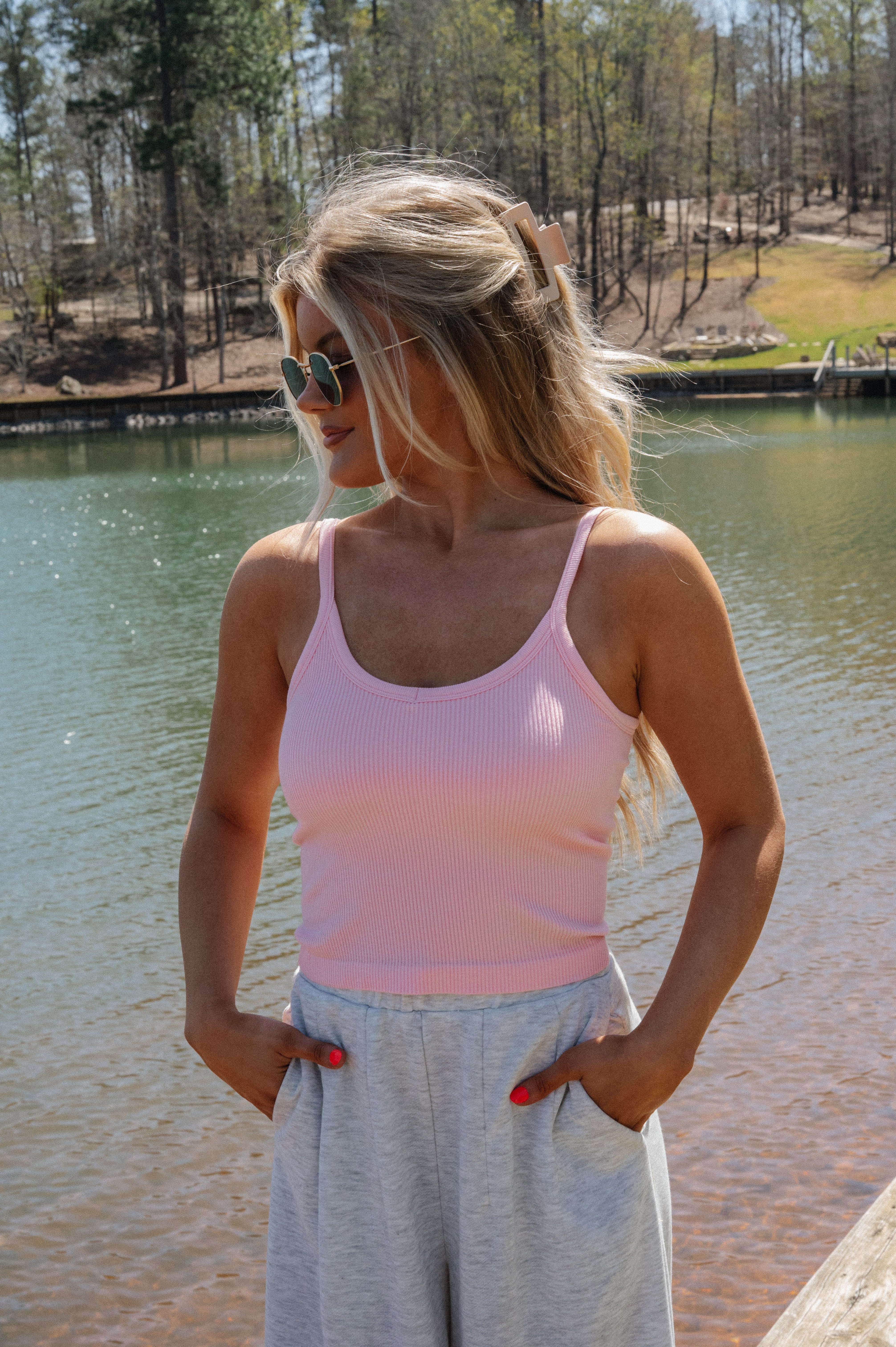 Ribbed Padded Tank Top-Powder Pink