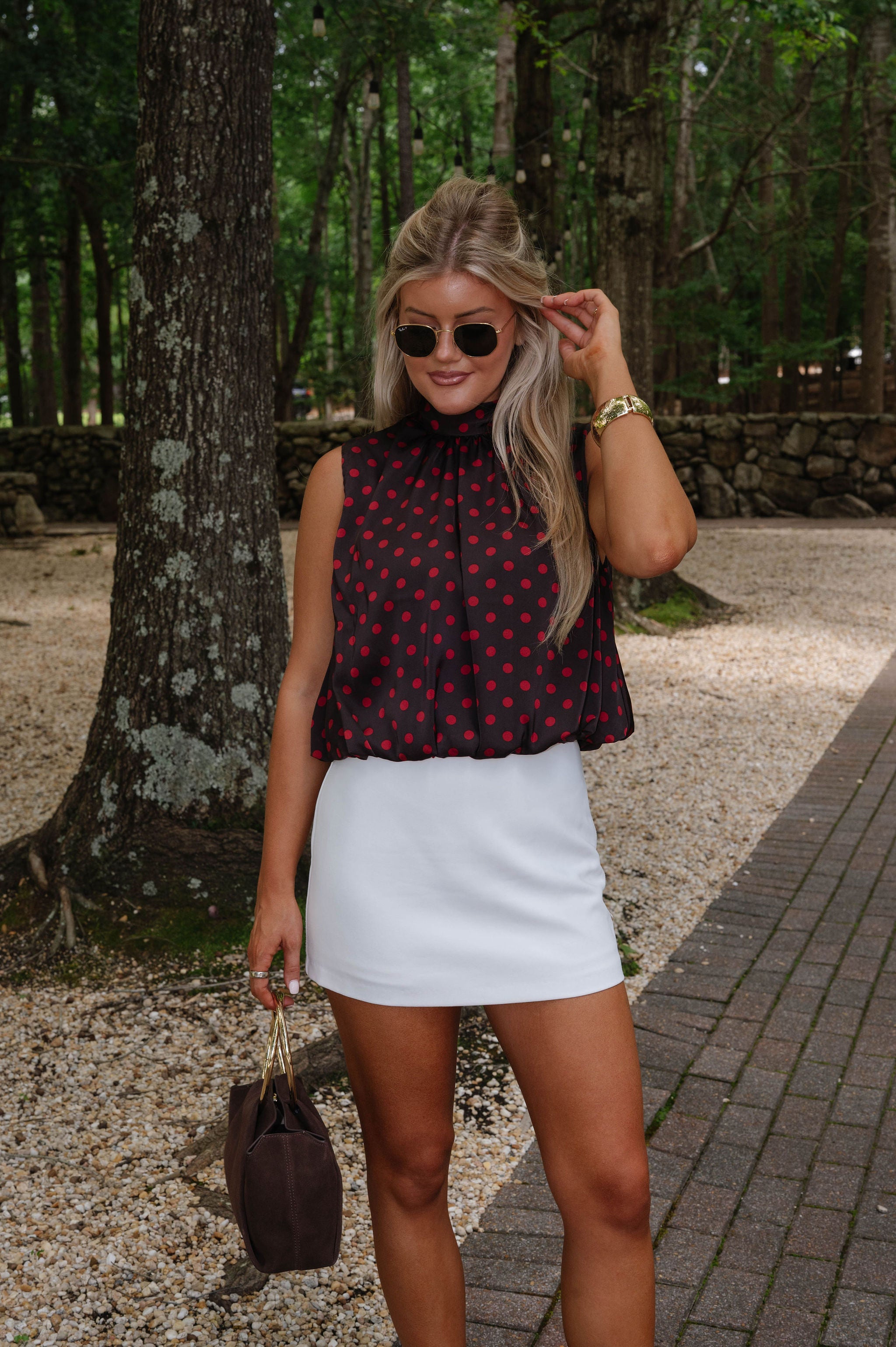 Paula Polka Dot Top-Brown