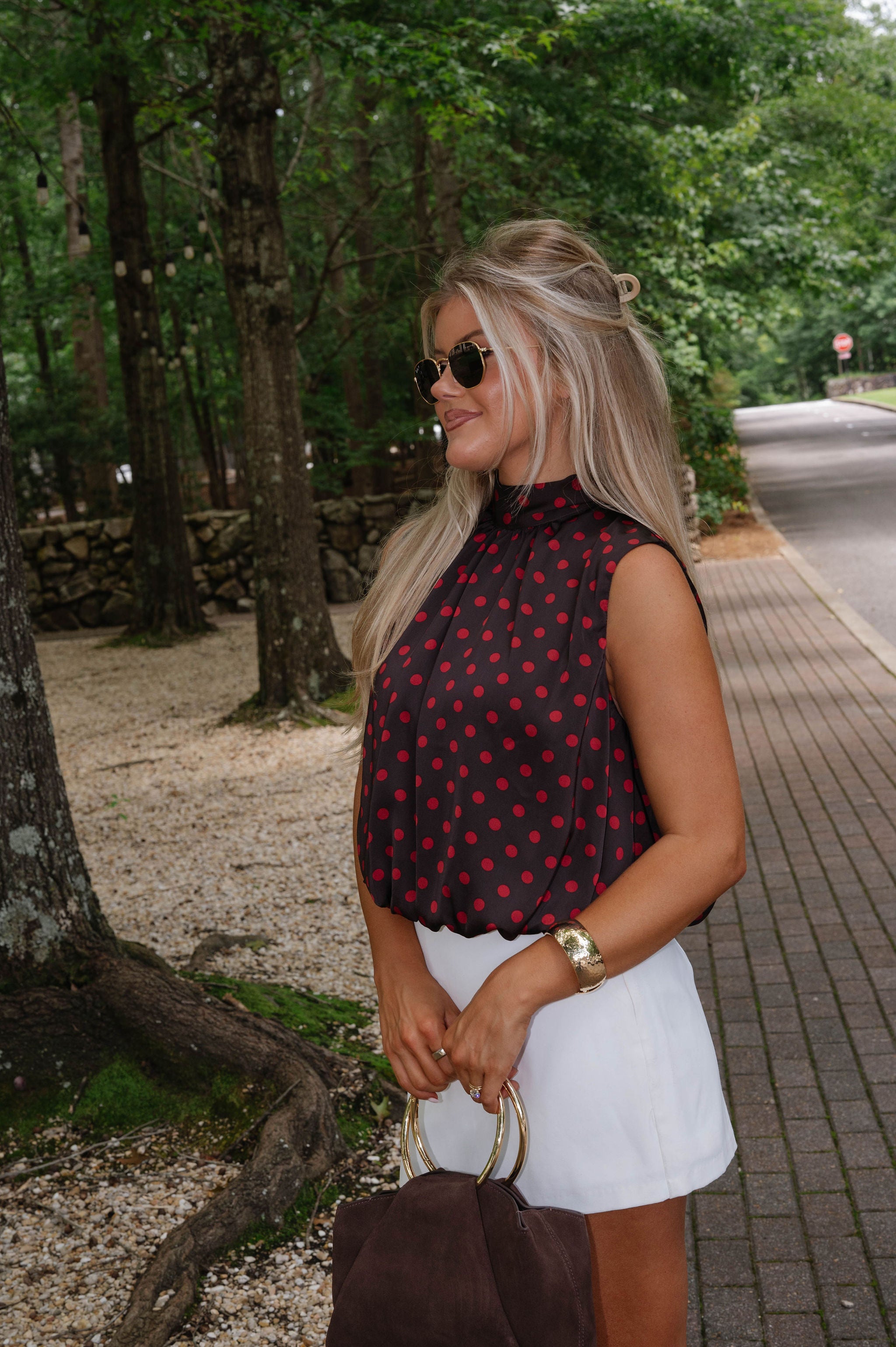 Paula Polka Dot Top-Brown