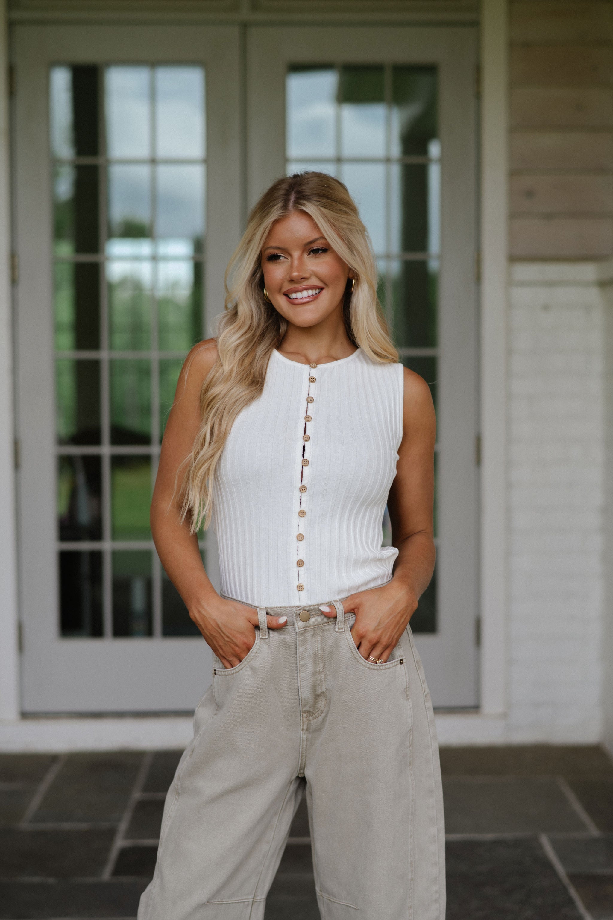 Button Closure Sleeveless Top-Off White