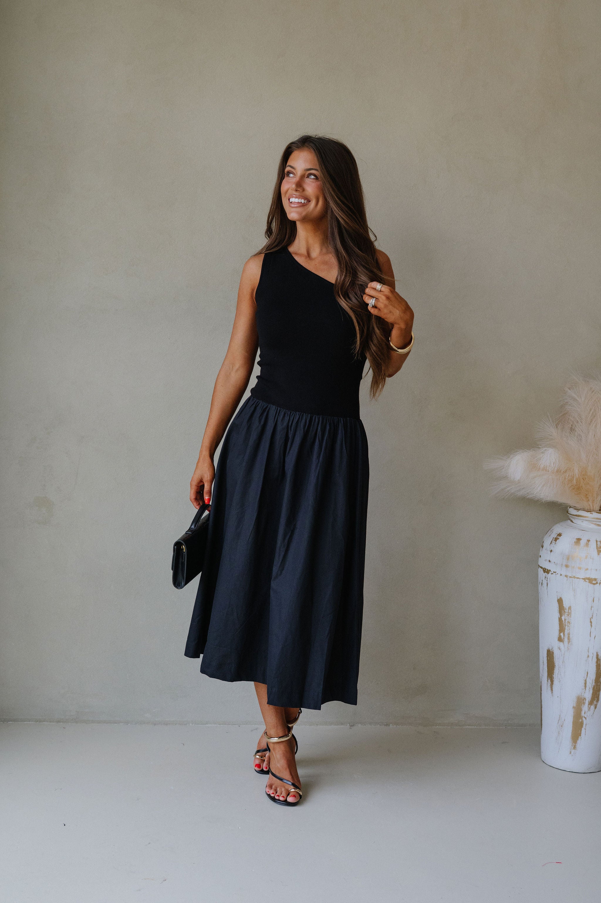 Hosanna One Shoulder Contrasted Dress-Black