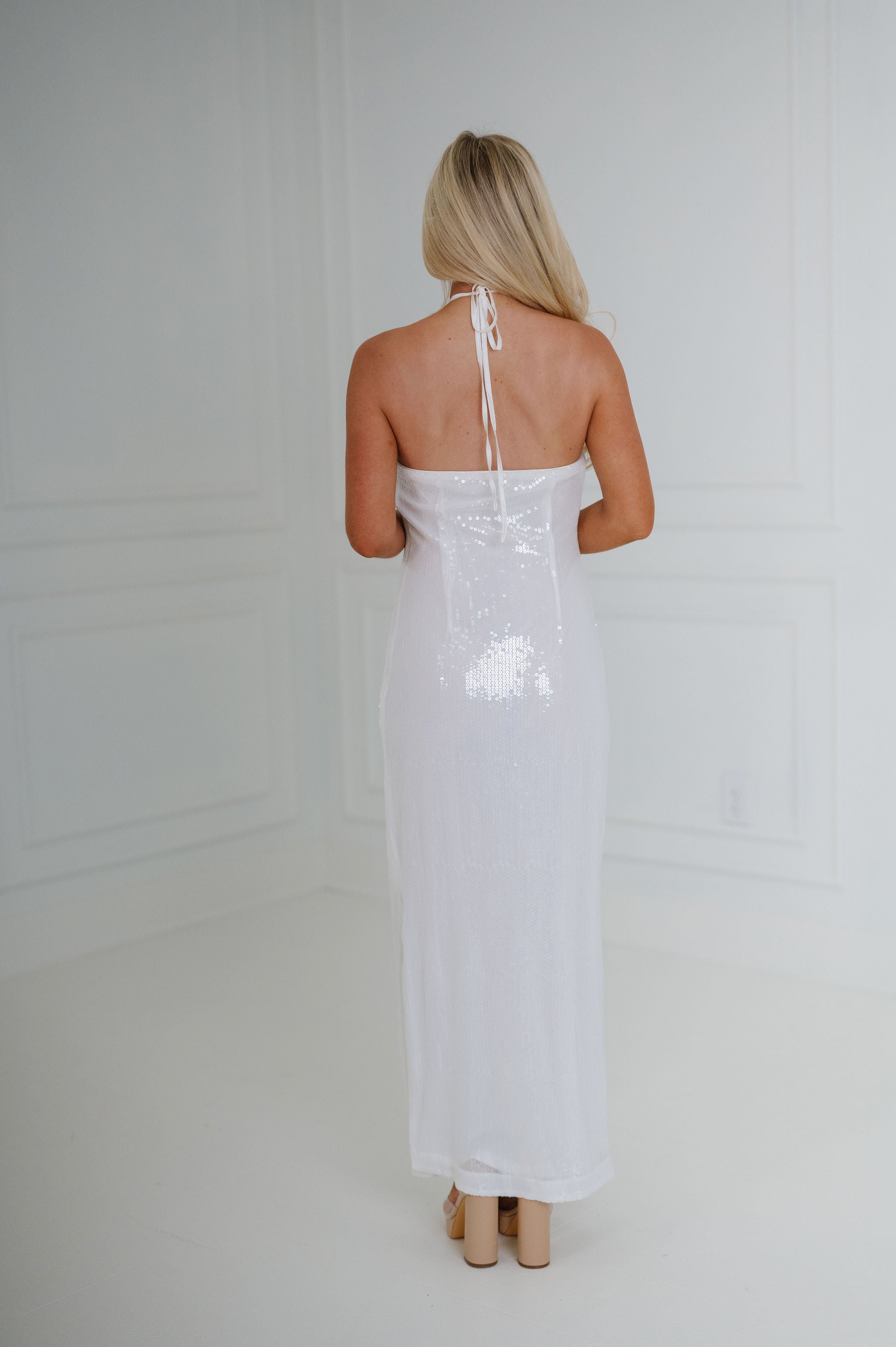 Rose Halter Sequin Maxi Dress-White