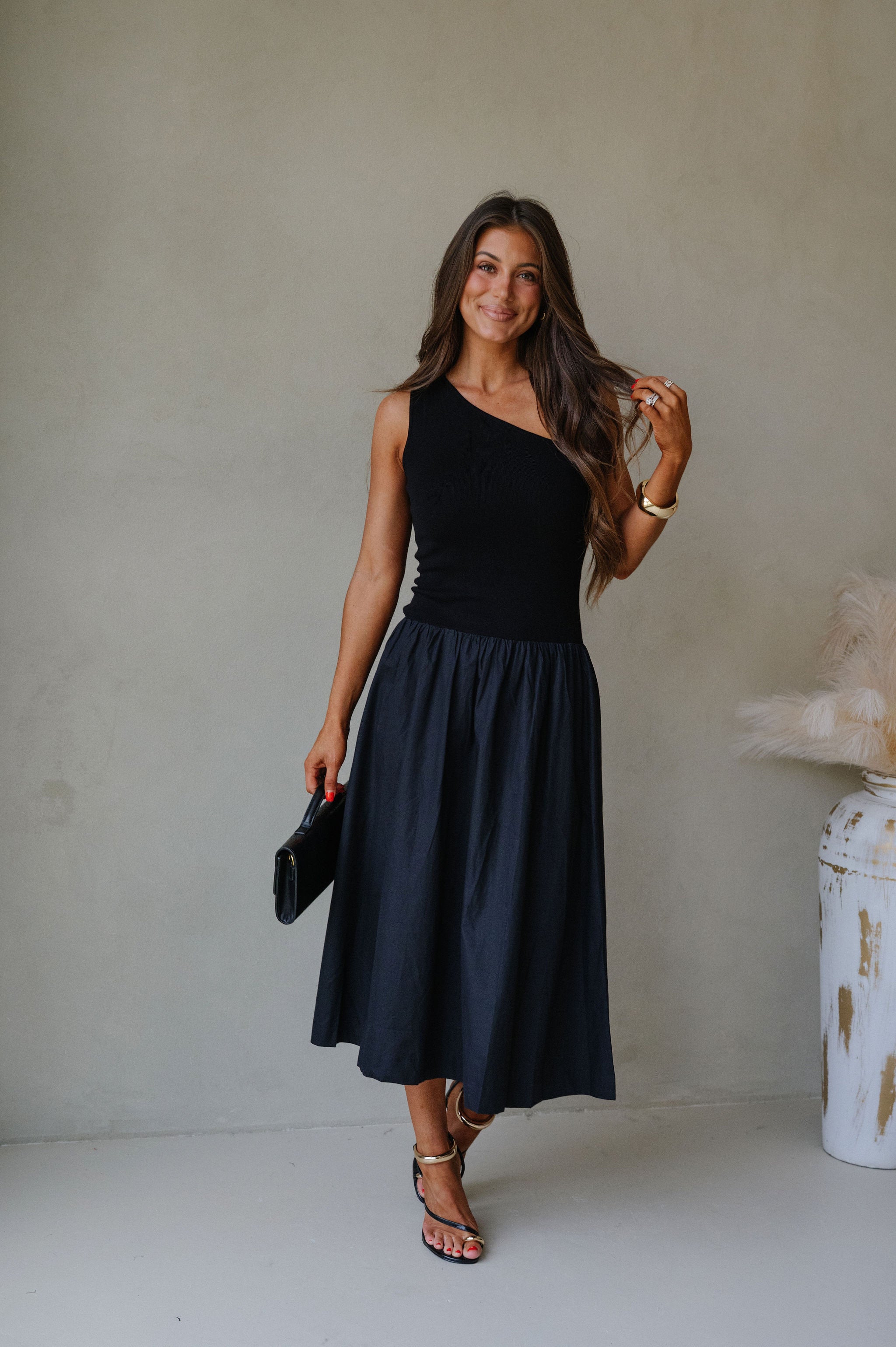 Hosanna One Shoulder Contrasted Dress-Black