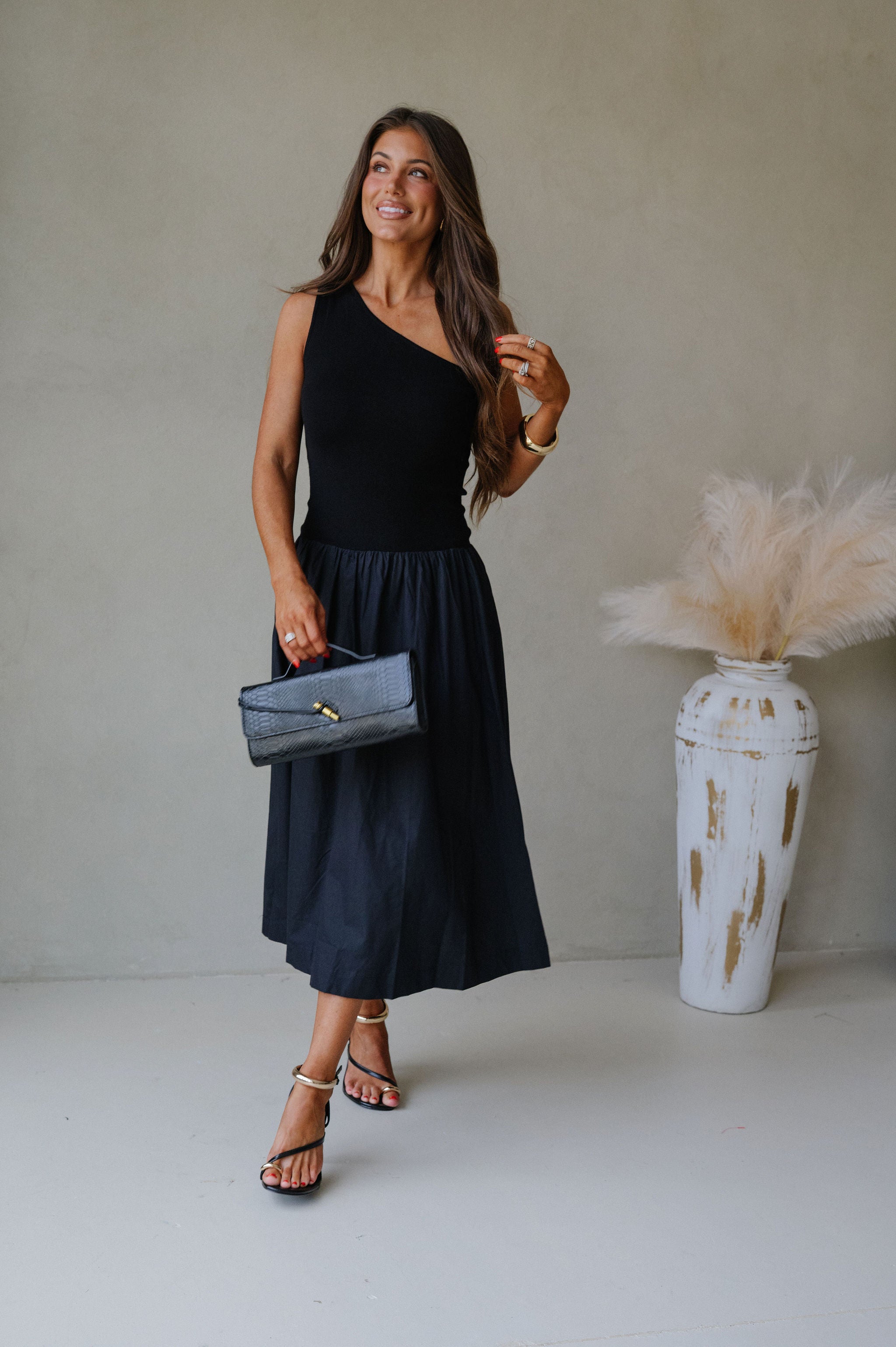Hosanna One Shoulder Contrasted Dress-Black