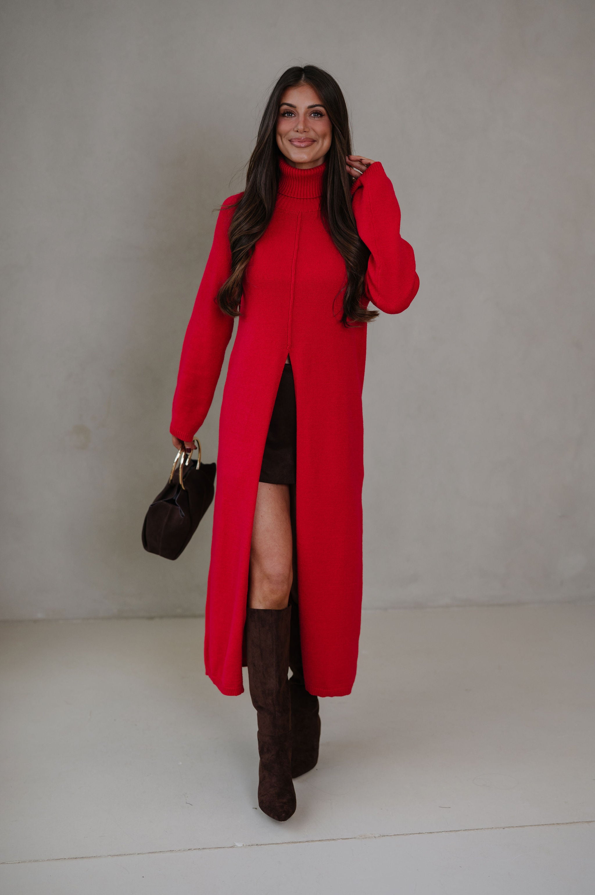 Split Hem Long Sweater-Red