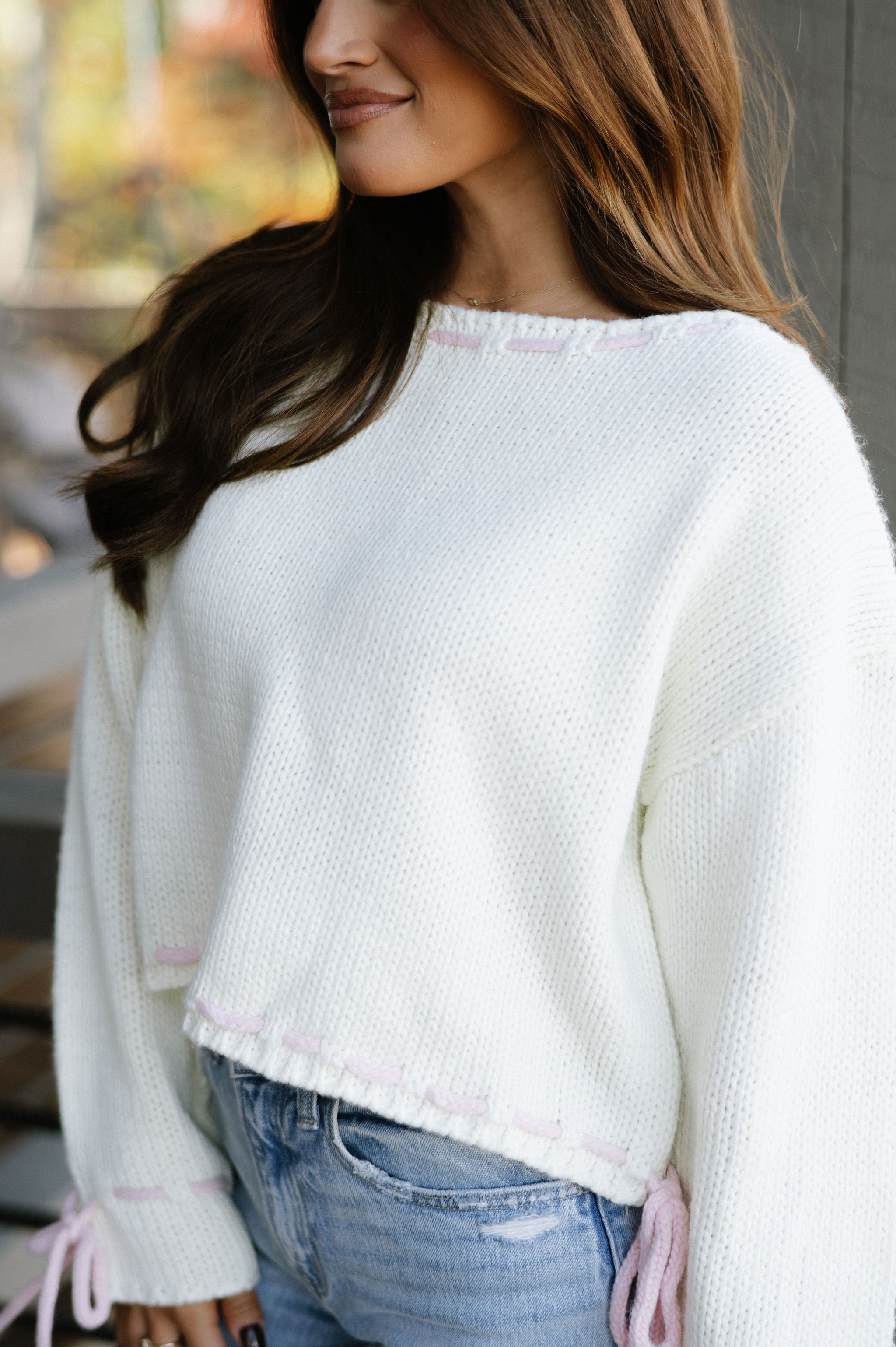 Lace Up Tie Sweater-Ivory/Pink