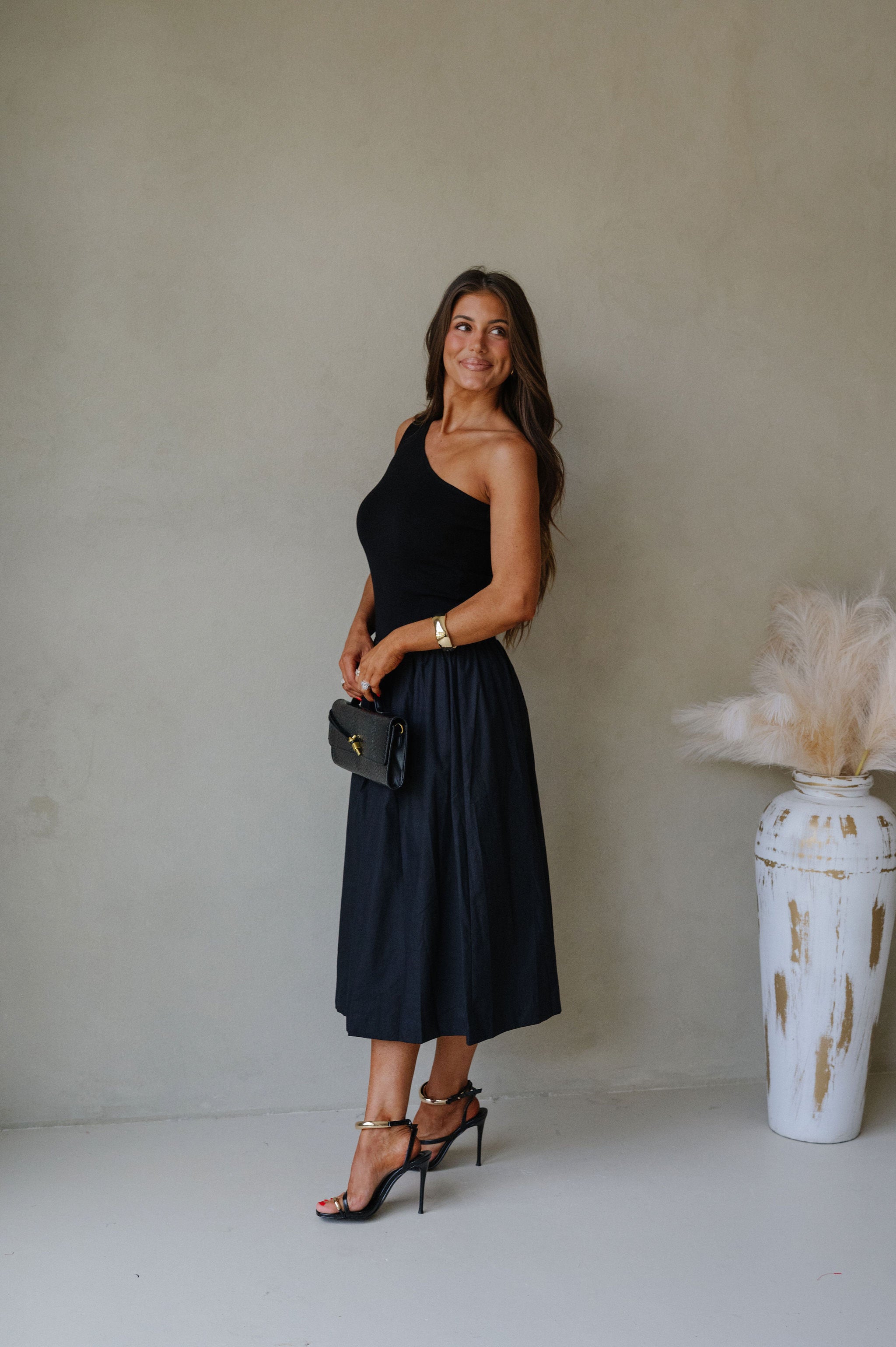 Hosanna One Shoulder Contrasted Dress-Black